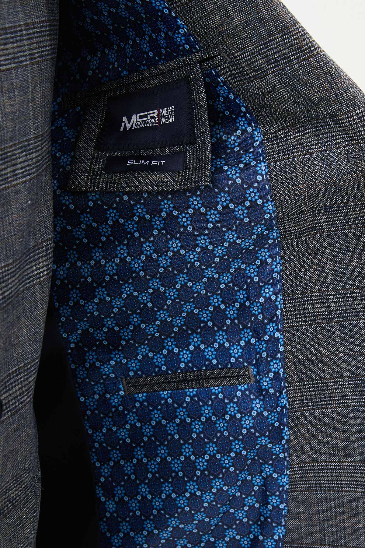 Ekoseli Slim Fit Mono Yaka Yün Erkek Takım Elbise