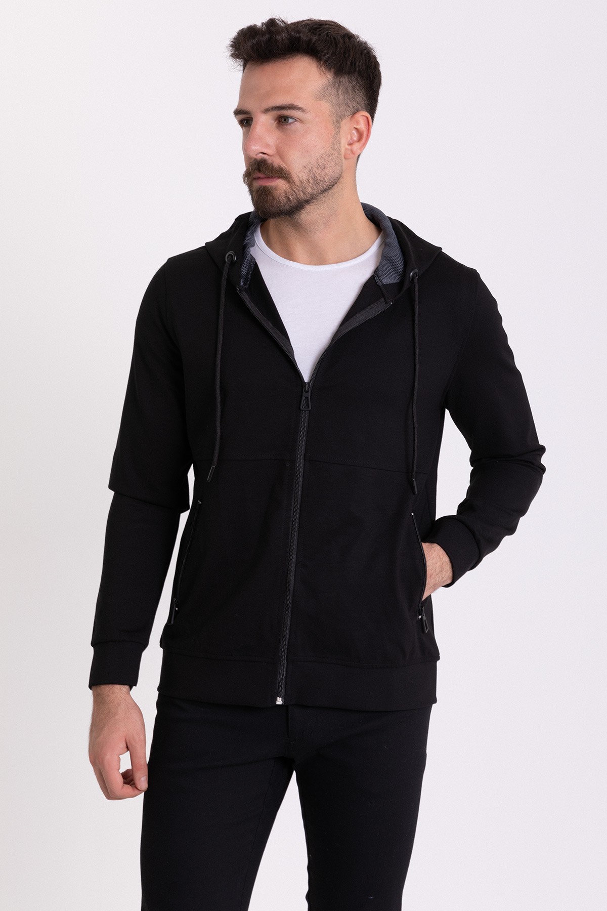 Fermuarlı Slim Fit Kapüşonlu Erkek Sweatshirt