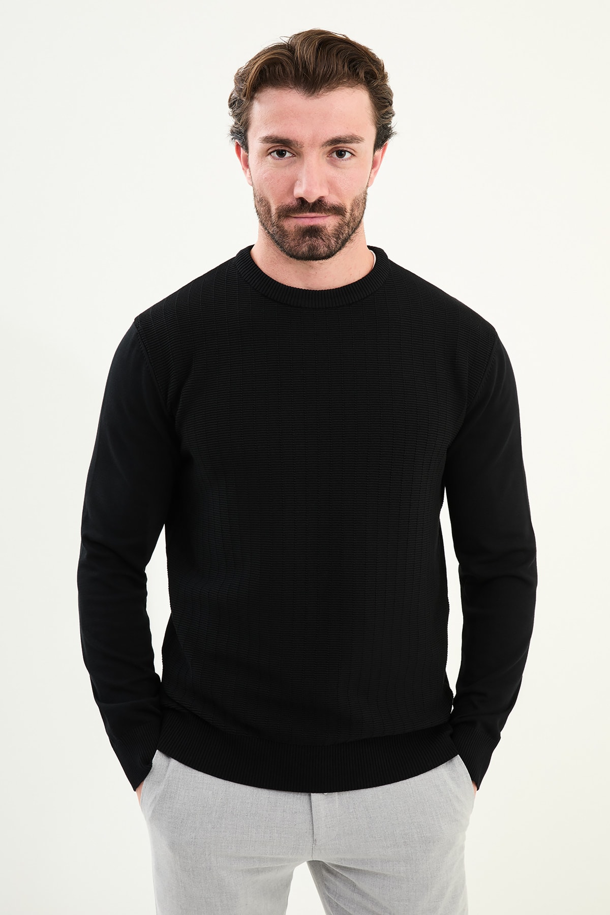 Desenli Slim Fit Bisiklet Yaka Erkek Triko Kazak - Siyah