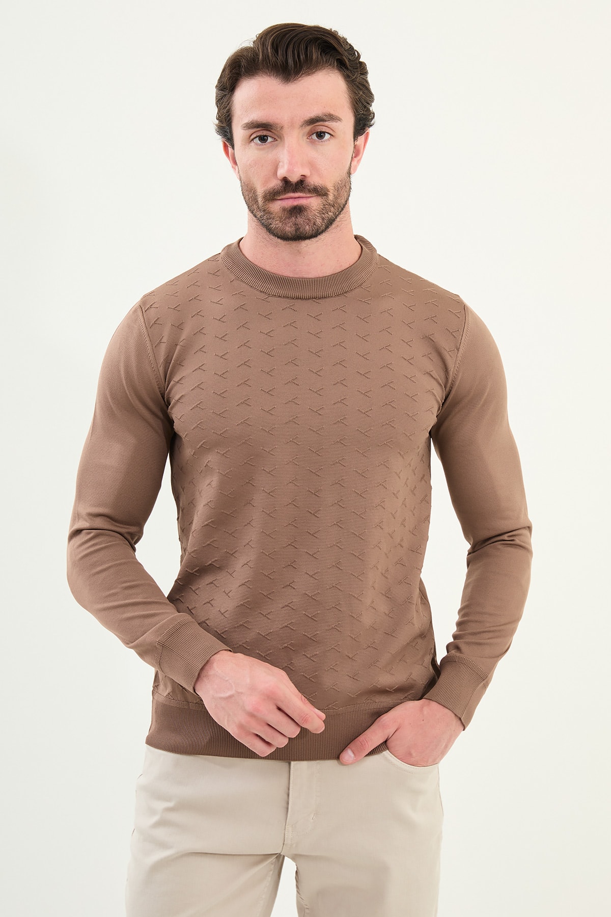 Desenli Slim Fit Bisiklet Yaka Erkek Triko Kazak - Açık Kahverengi