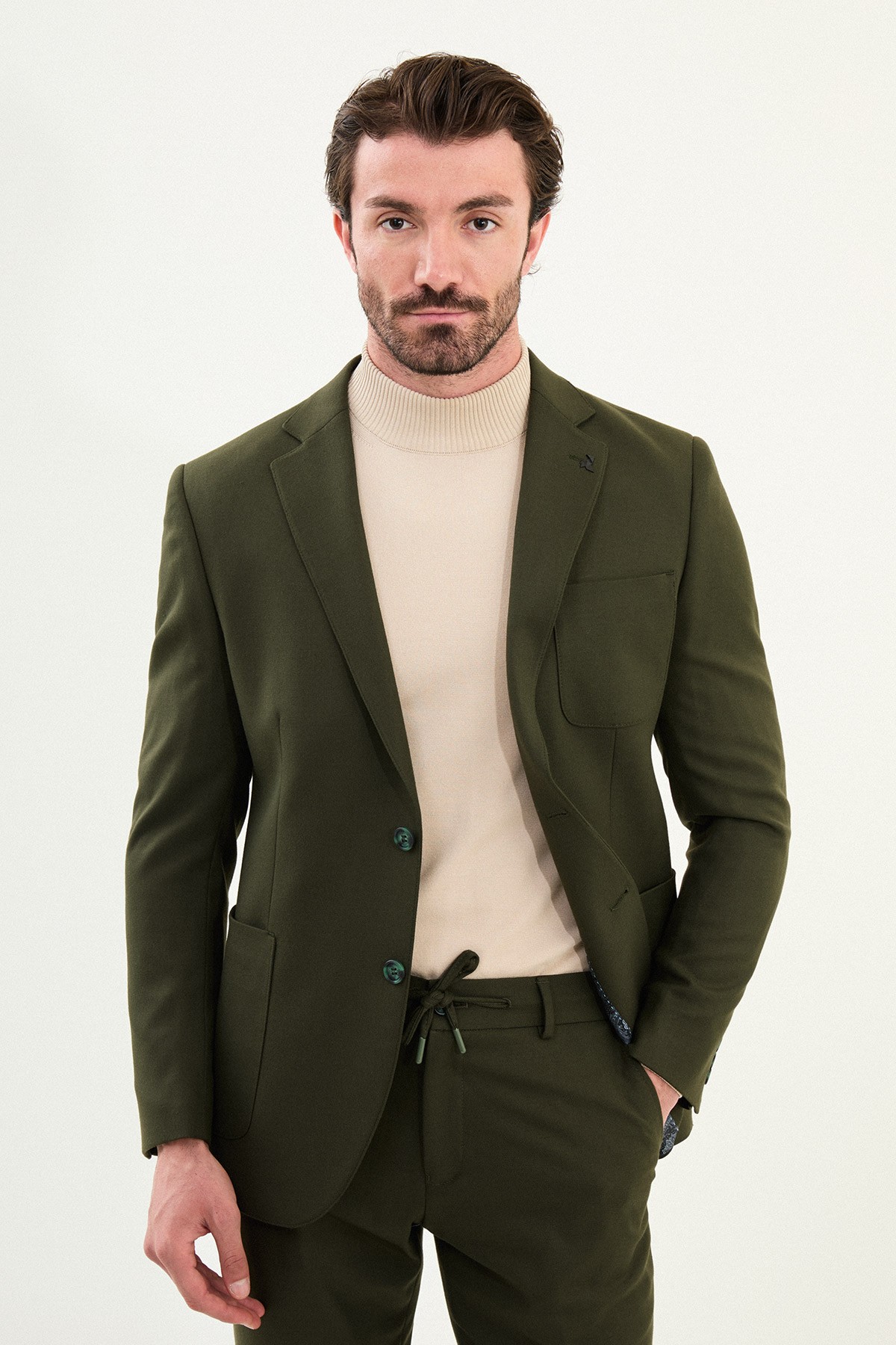 Düz Slim Fit Torba Cep Beli Lastikli İpli Yün Erkek Takım Elbise - Haki