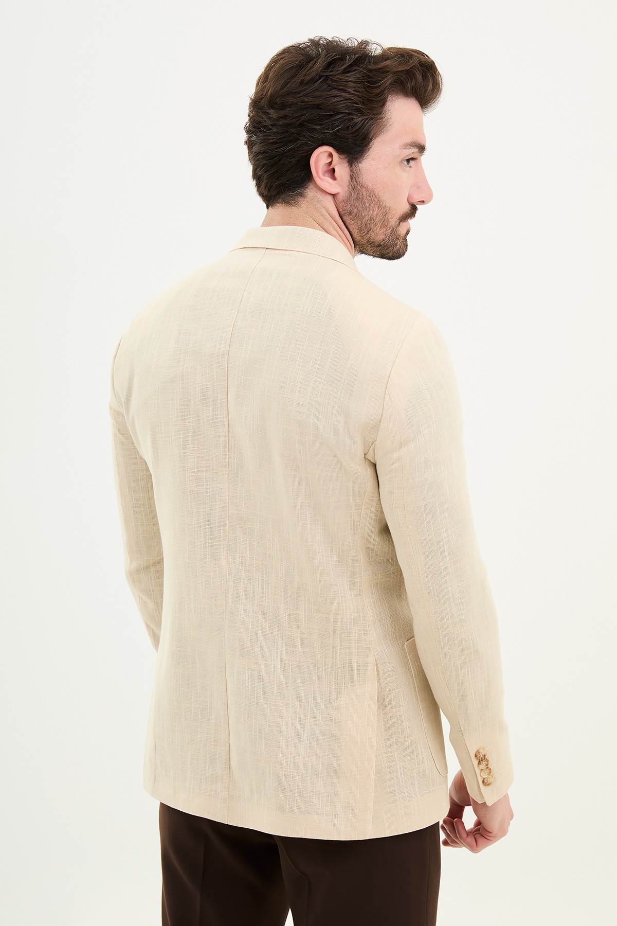 Desenli Slim Fit Torba Cep Keten Erkek Ceket
