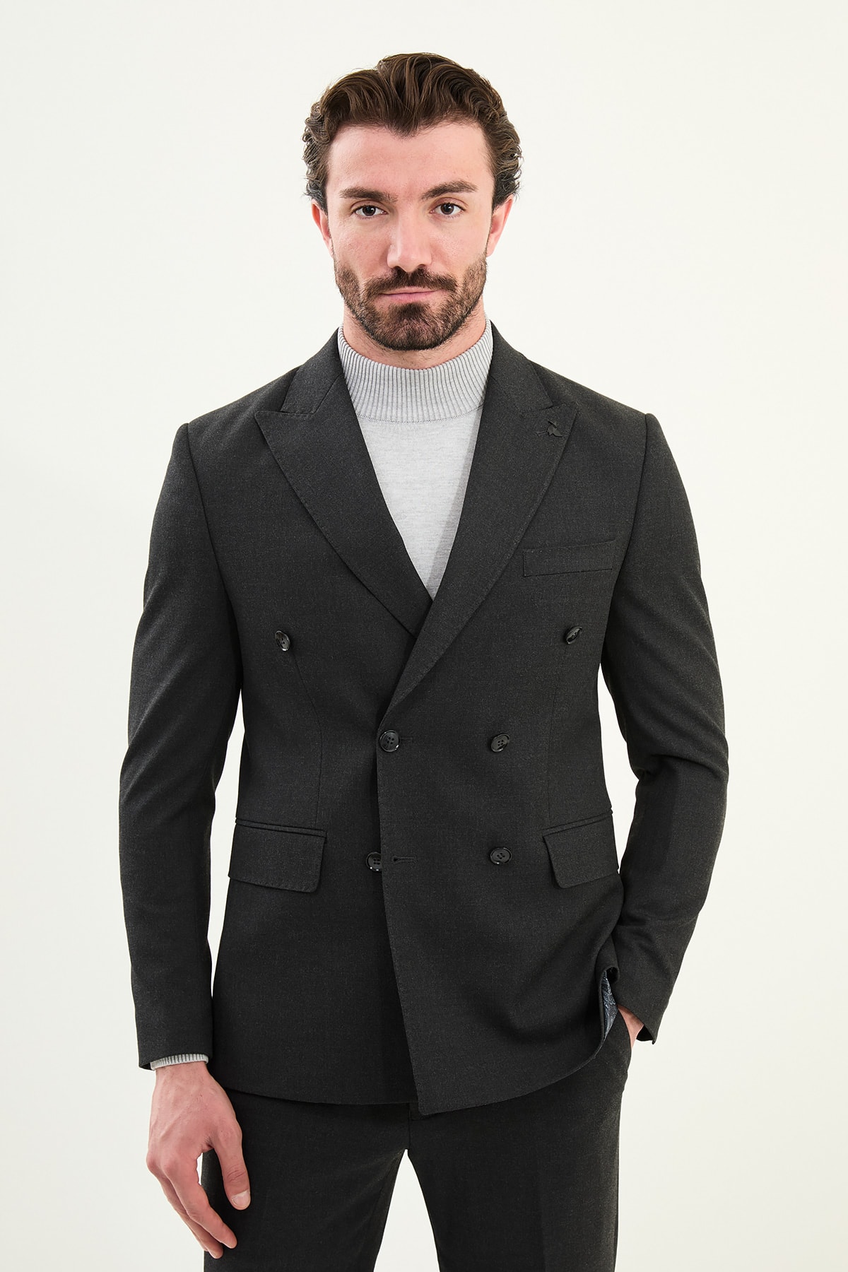 Düz Slim Fit Geniş Yaka Punto Dikiş Kruvaze Erkek Takım Elbise - Füme