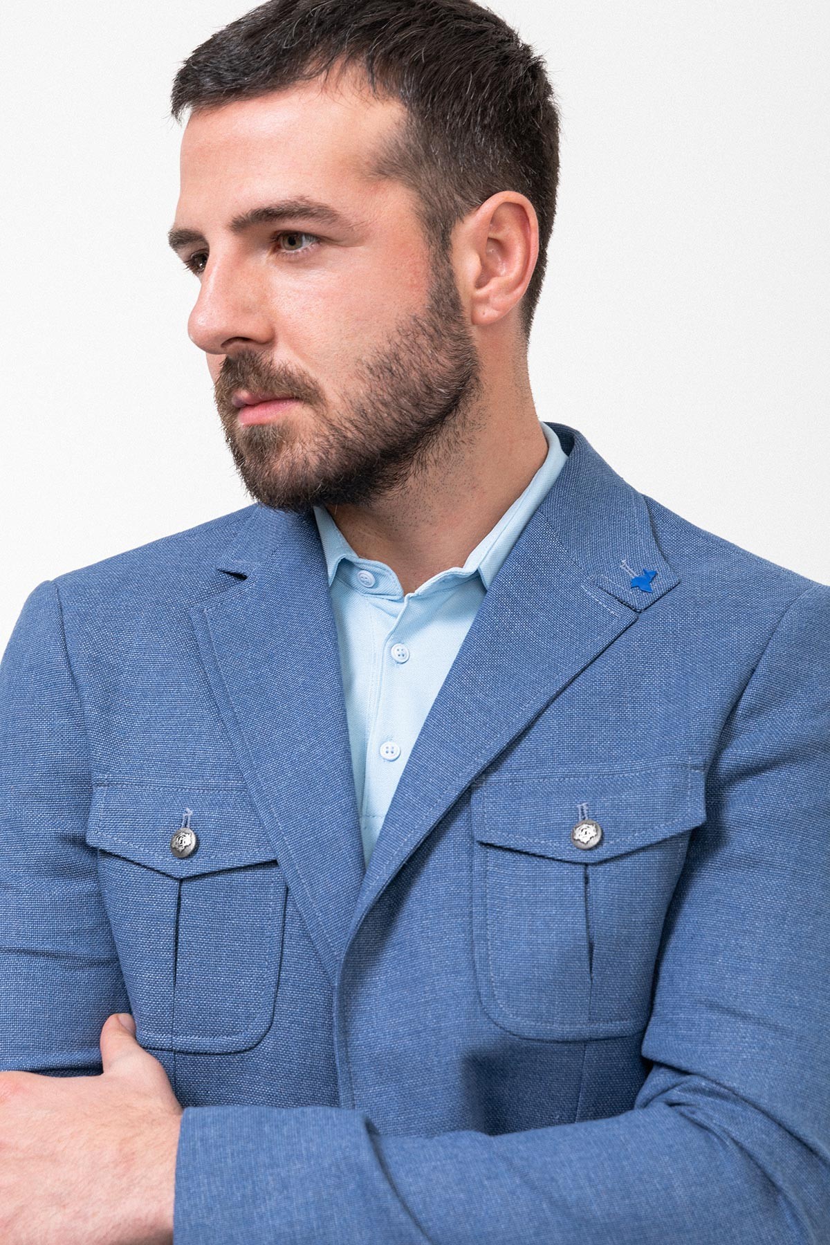 Kırçıllı Slim Fit Torba Cep Mono Yaka Keten Erkek Ceket