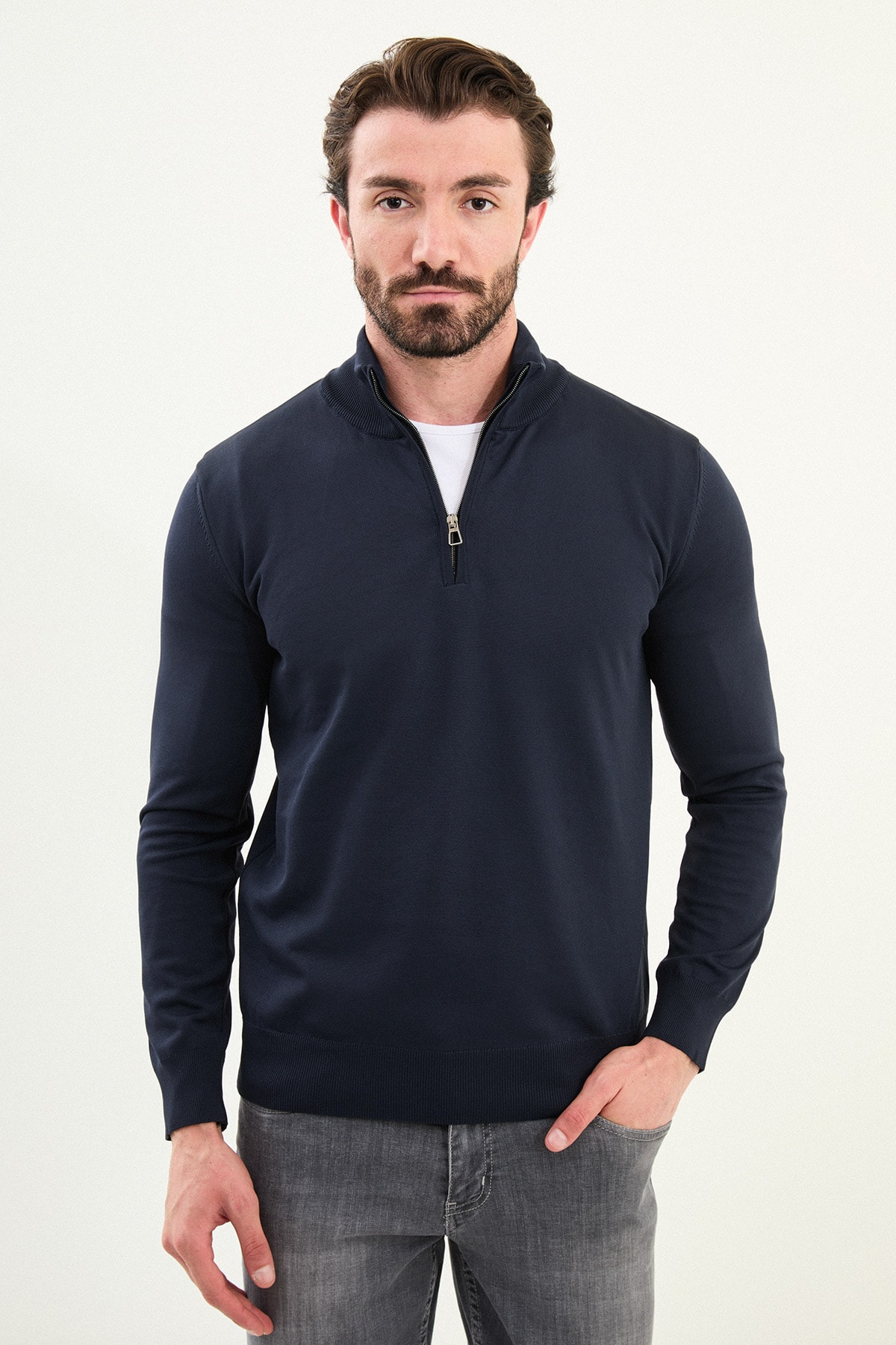 Düz Slim Fit Fermuarlı Yarım Balıkçı Erkek Triko Kazak - Lacivert