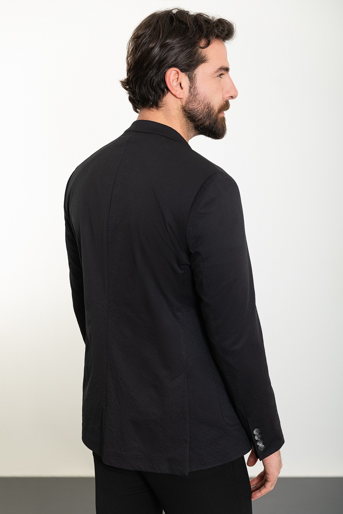 Çizgili Slim Fit Torba Cep Mono Yaka Gofre Erkek Ceket