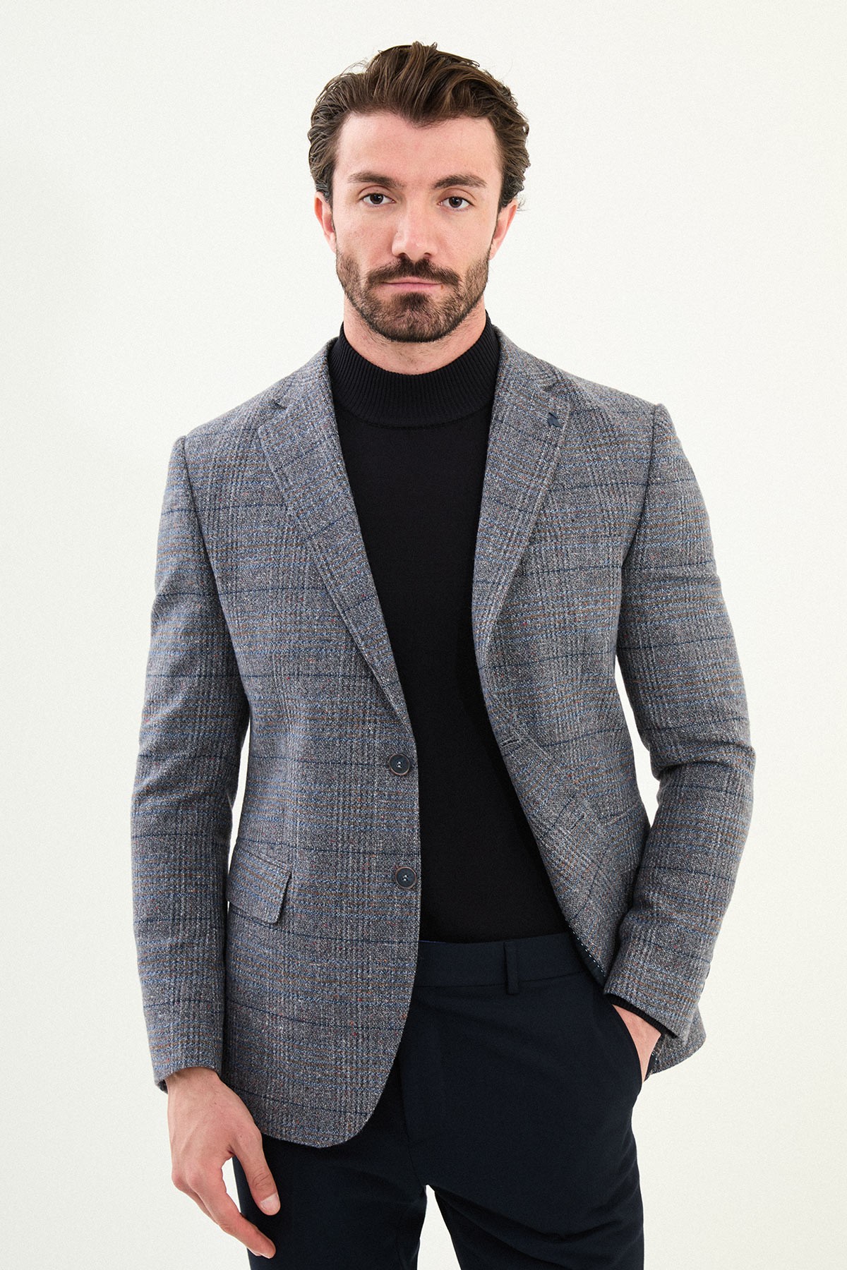 Ekoseli Slim Fit Mono Yaka Yün Erkek Ceket - Gri
