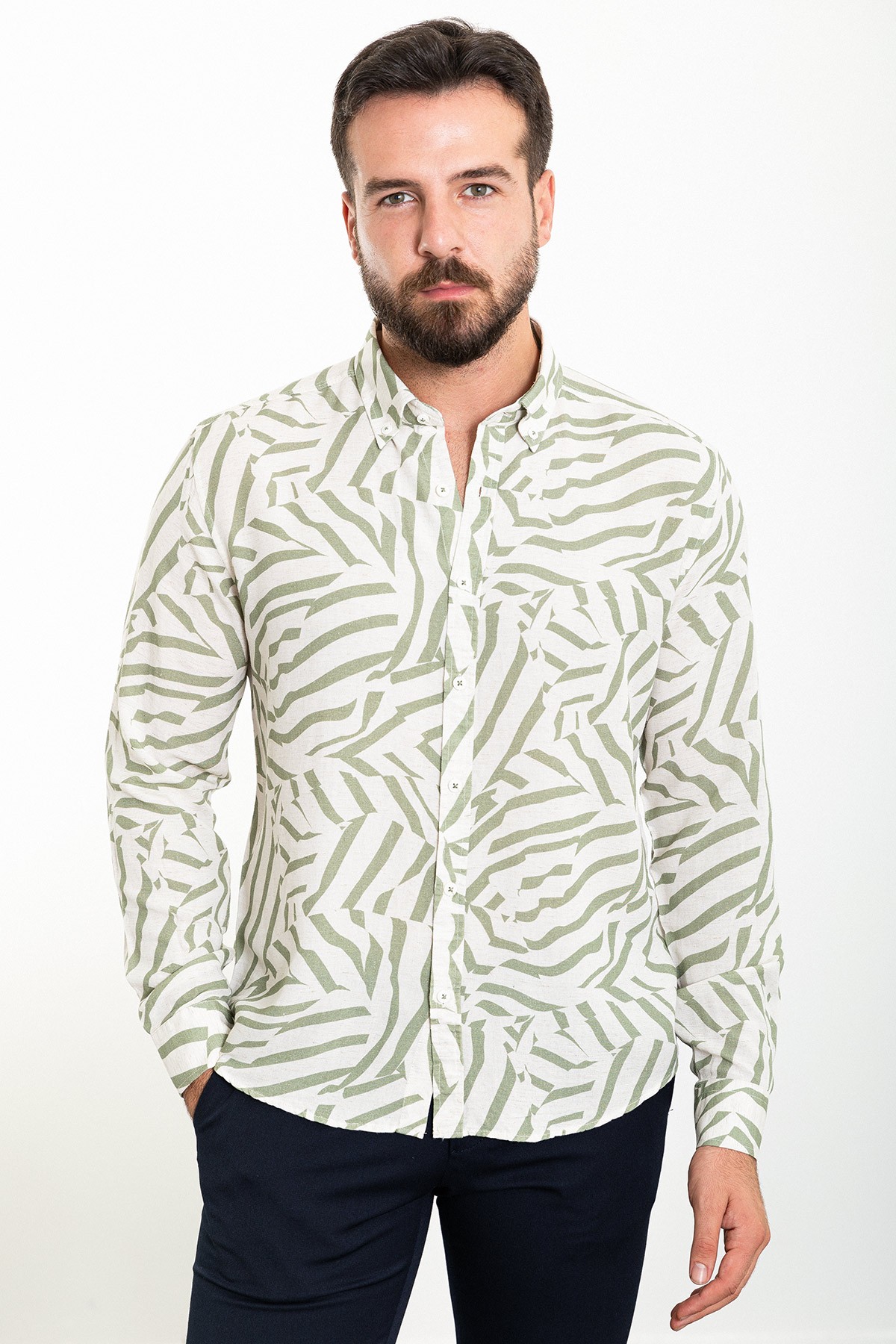 Desenli Slim Fit Uzun Kollu Erkek Gömlek - Haki-Ekru