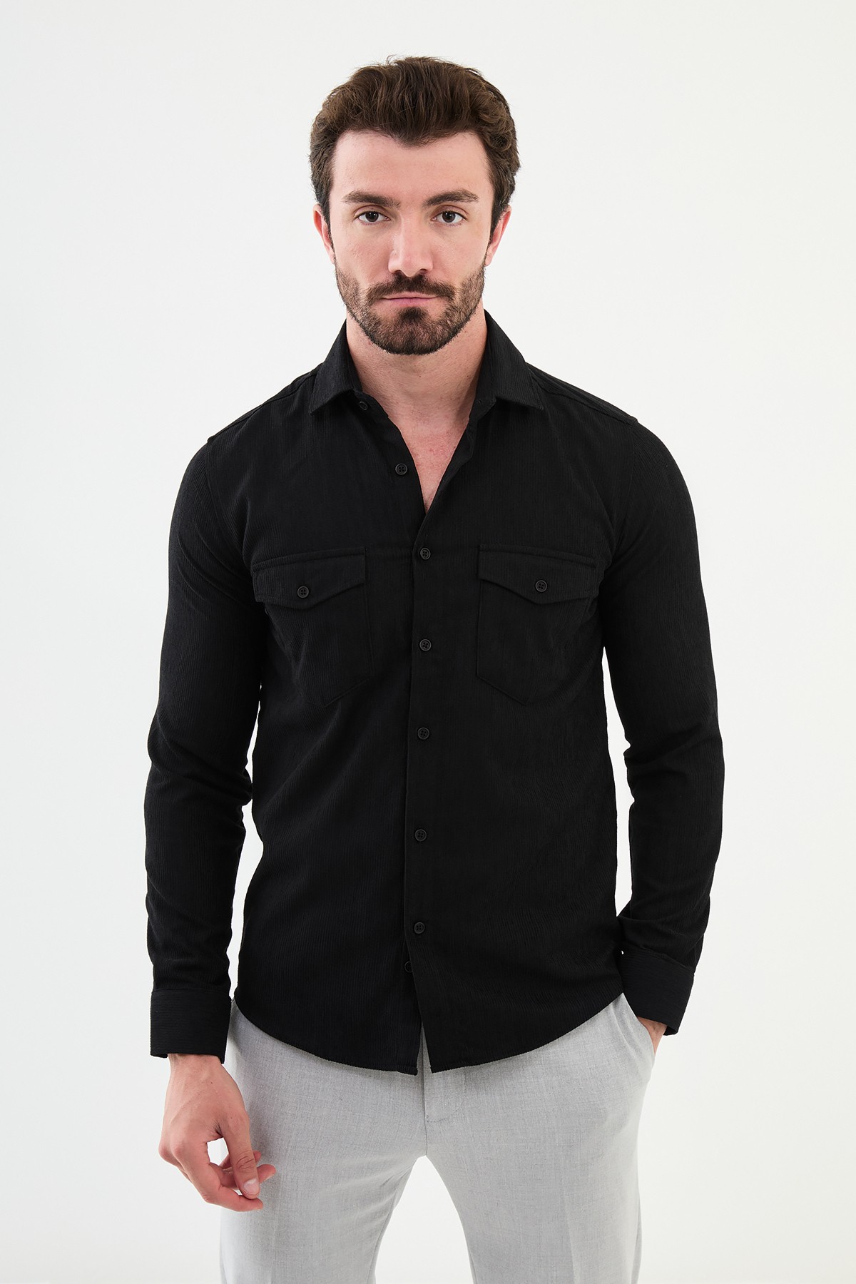 Çizgili Slim Fit Kadife Erkek Gömlek - Siyah