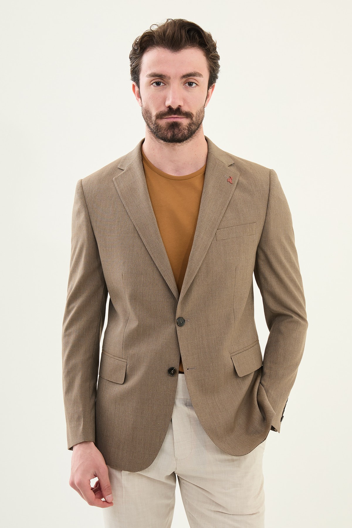 Ekoseli Slim Fit Mono Yaka Erkek Ceket