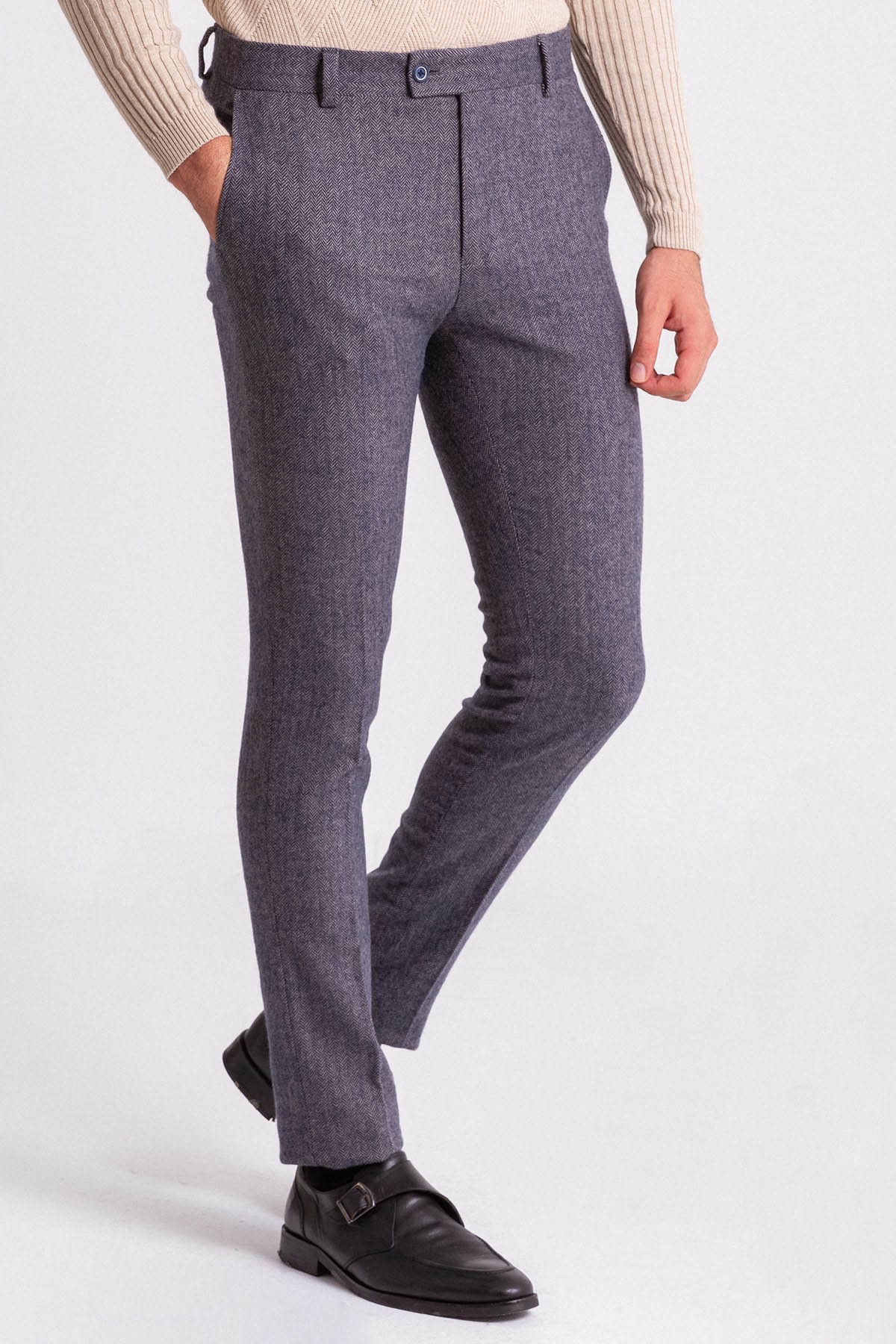 Desenli Super Slim Fit Yün Erkek Pantolon - Lacivert-Gri