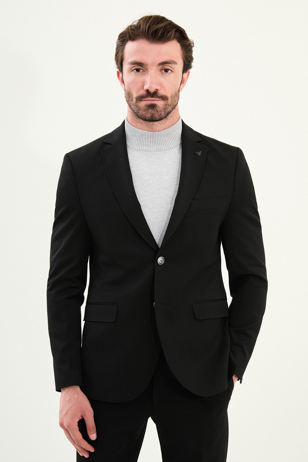 Düz Slim Fit Mono Yaka Klasik Yün Erkek Takım Elbise