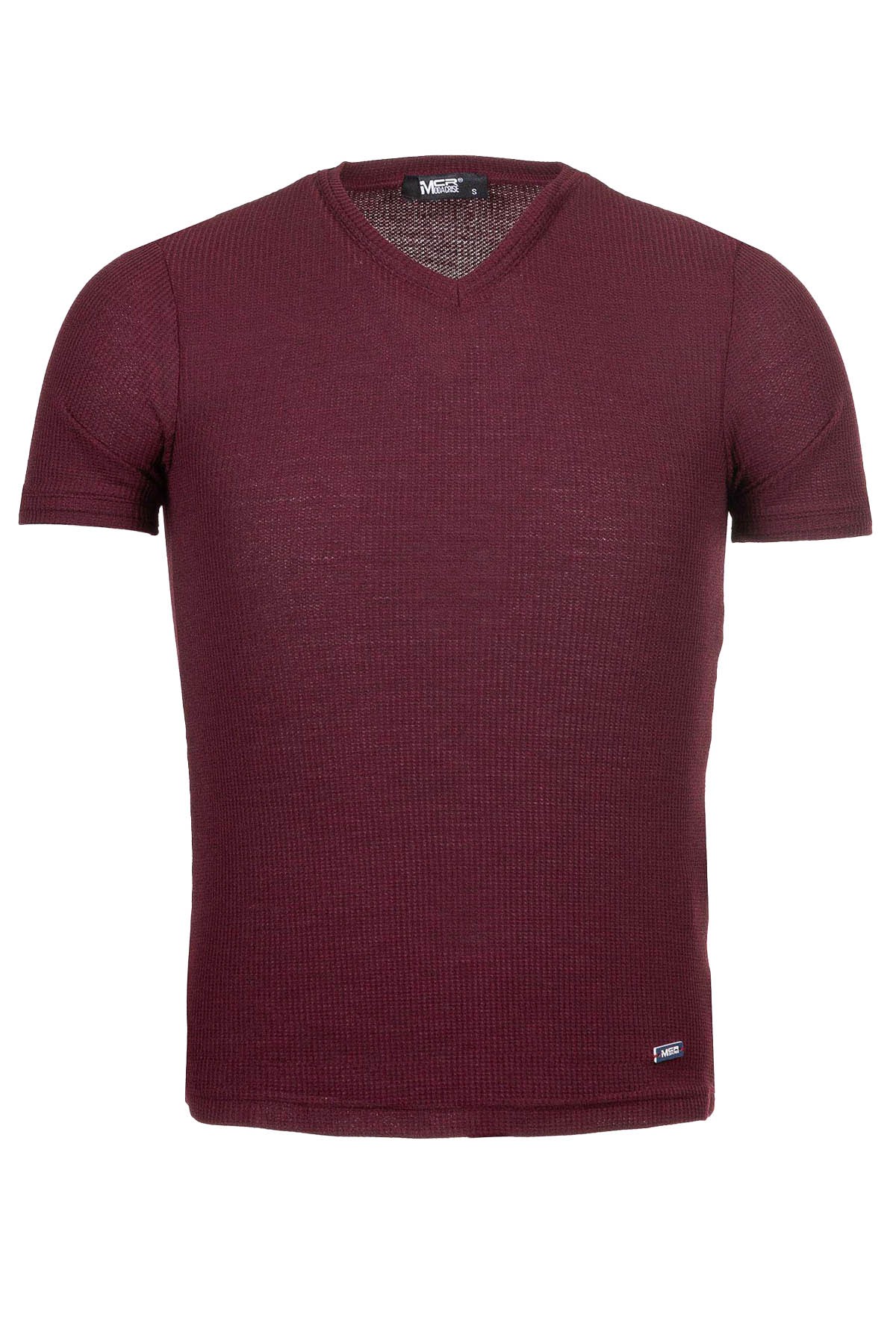 Desenli Slim Fit V Yaka Erkek T-Shirt - Bordo