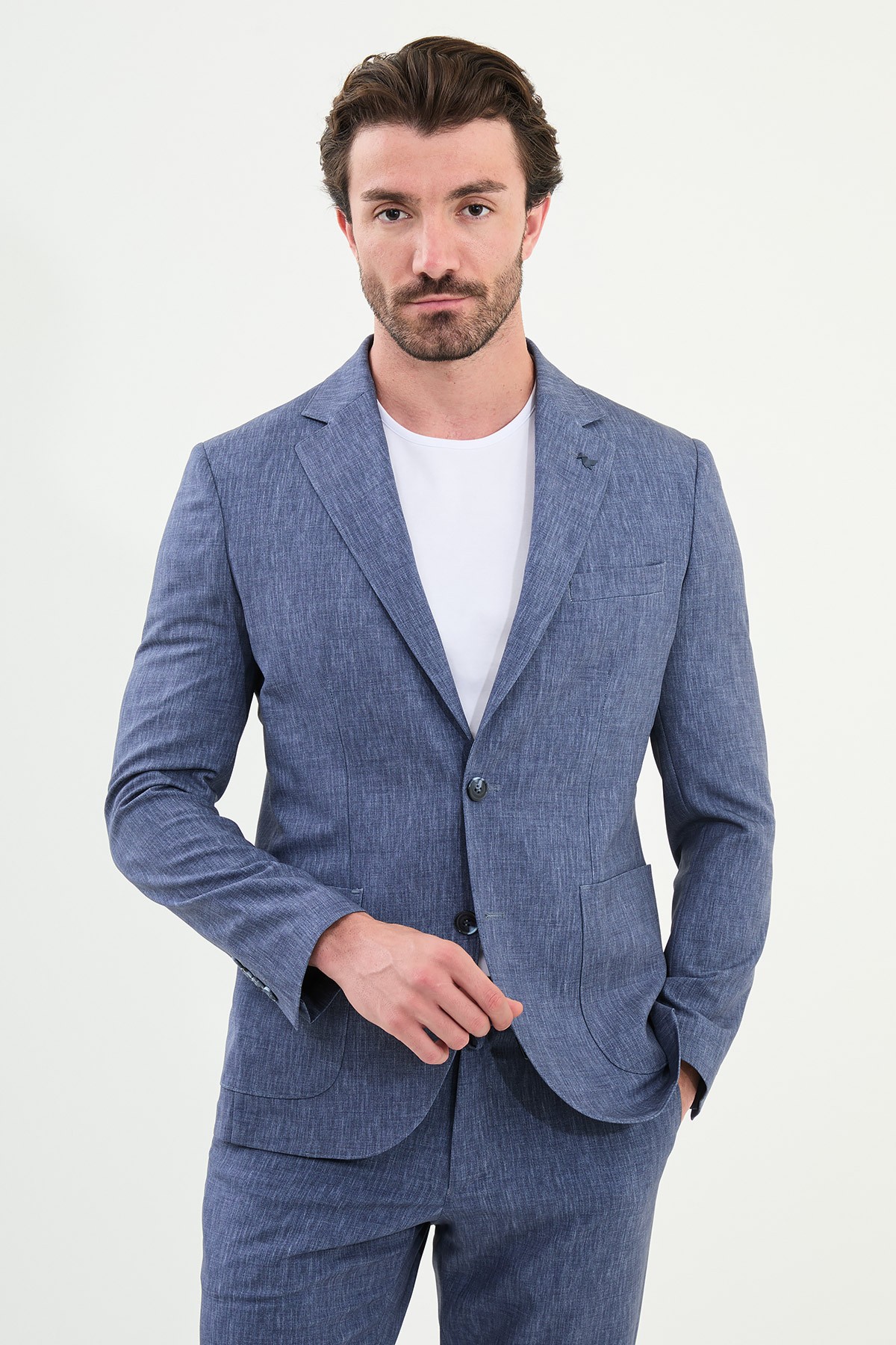 Kırçıllı Slim Fit Torba Cep Mono Yaka Erkek Takım Elbise - Lacivert