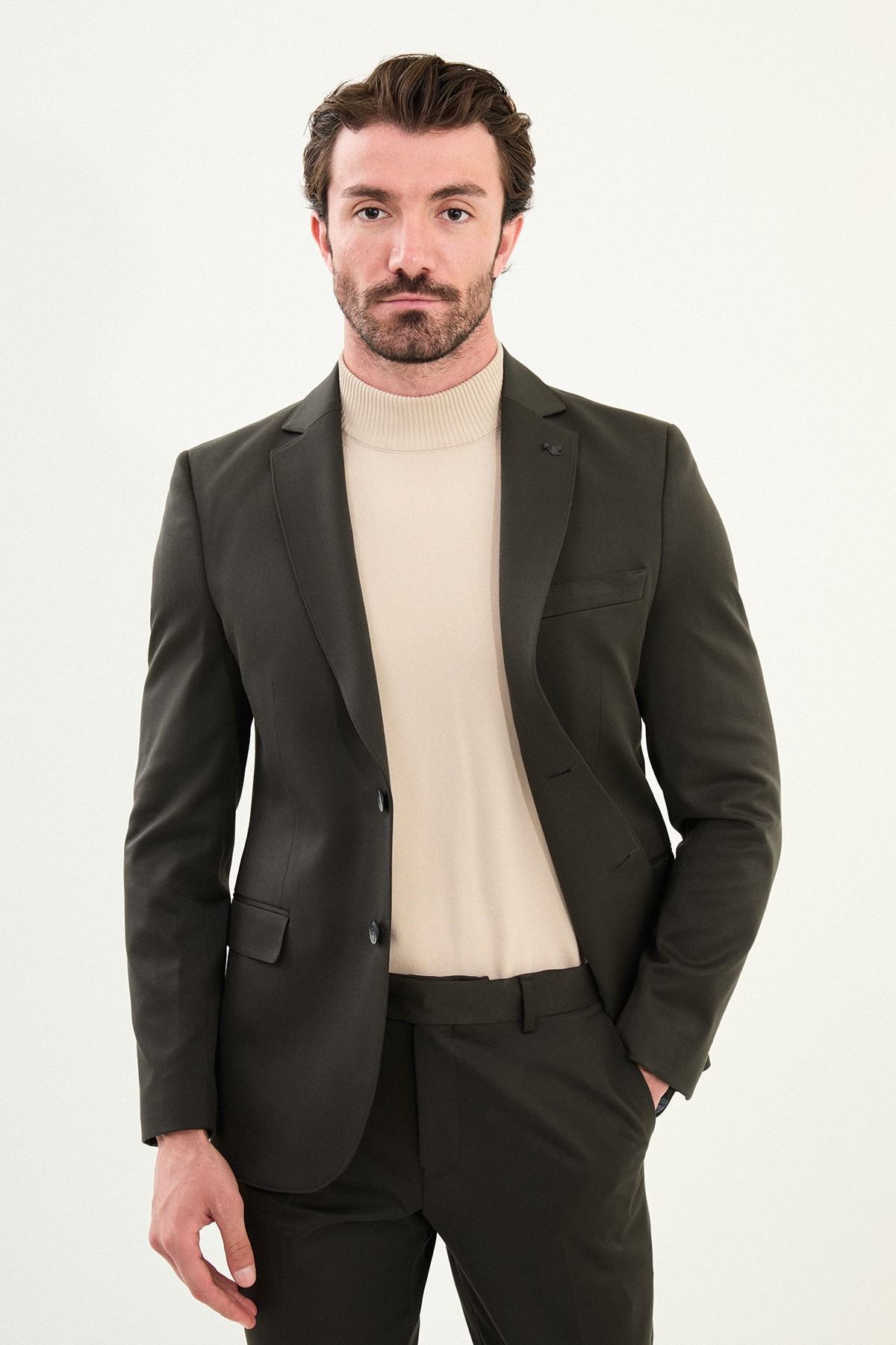 Düz Slim Fit Mono Yaka Klasik Yün Erkek Takım Elbise - Haki