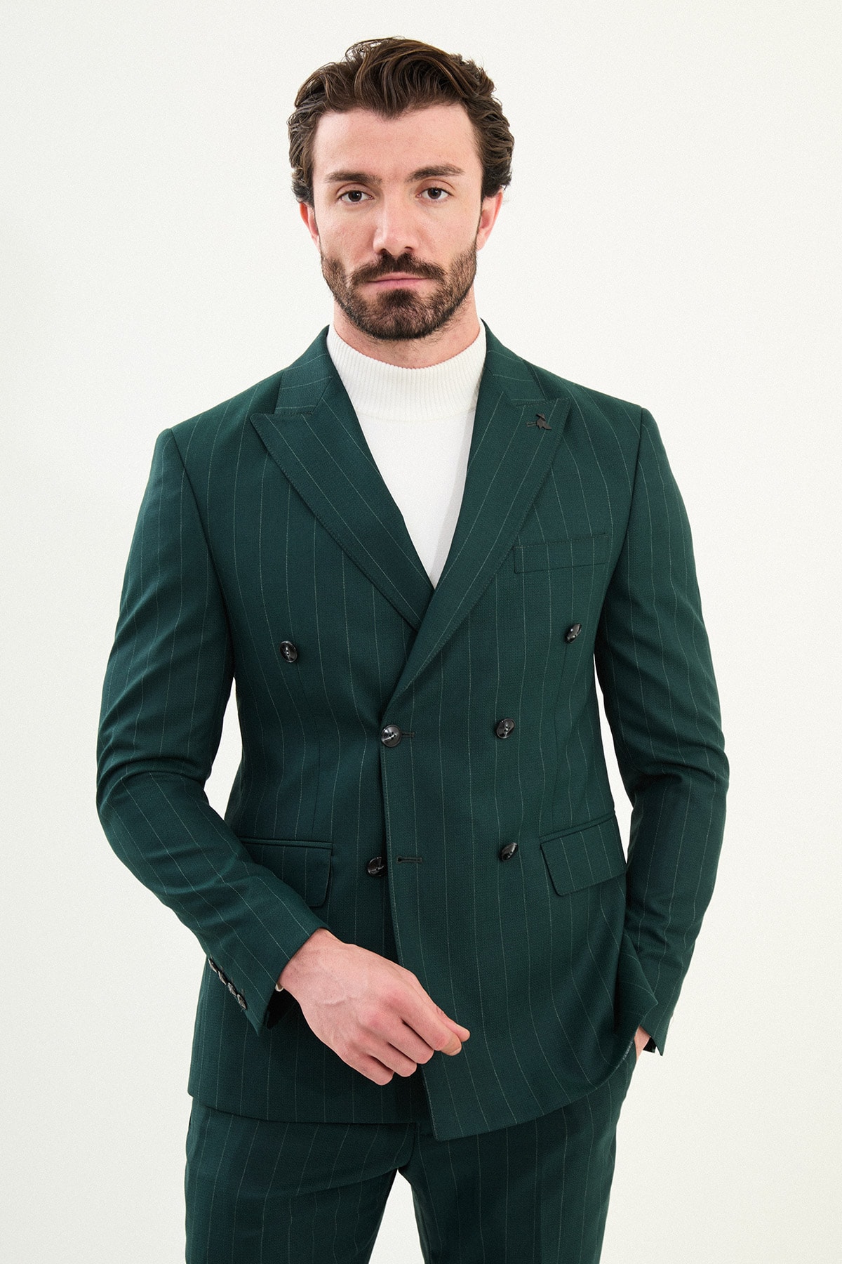Çizgili Slim Fit Geniş Yaka Kruvaze Erkek Takım Elbise - Zümrüt