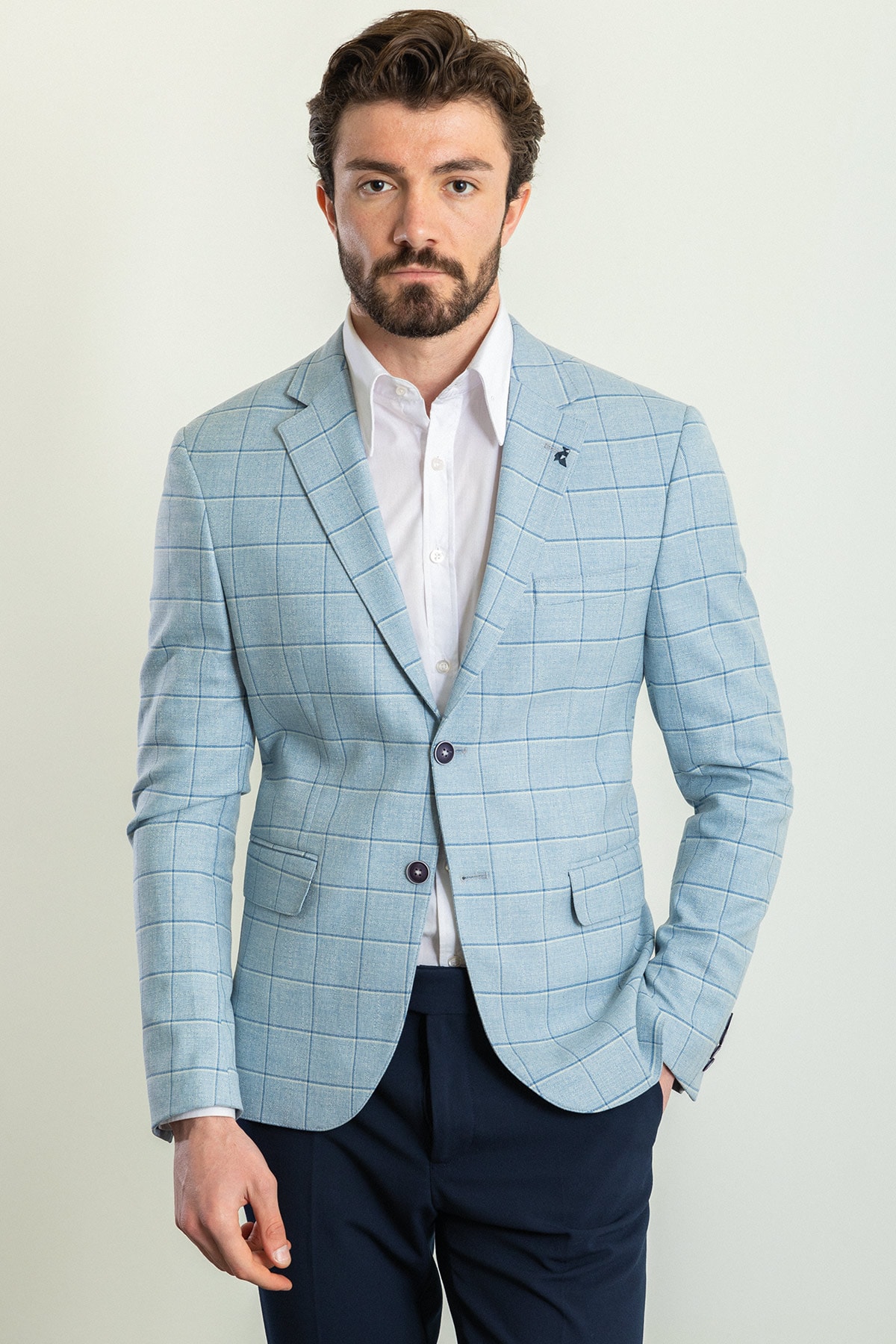 Ekoseli Slim Fit Mono Yaka Erkek Ceket - Mavi