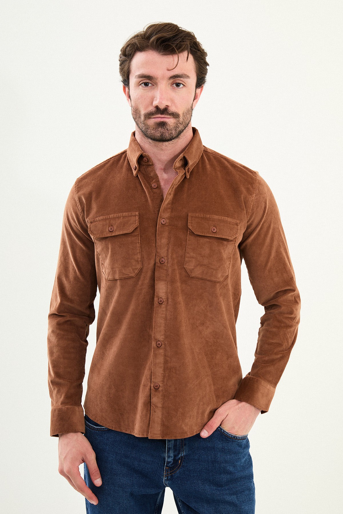 Düz Slim Fit Uzun Kollu Kadife Erkek Gömlek - Kamel