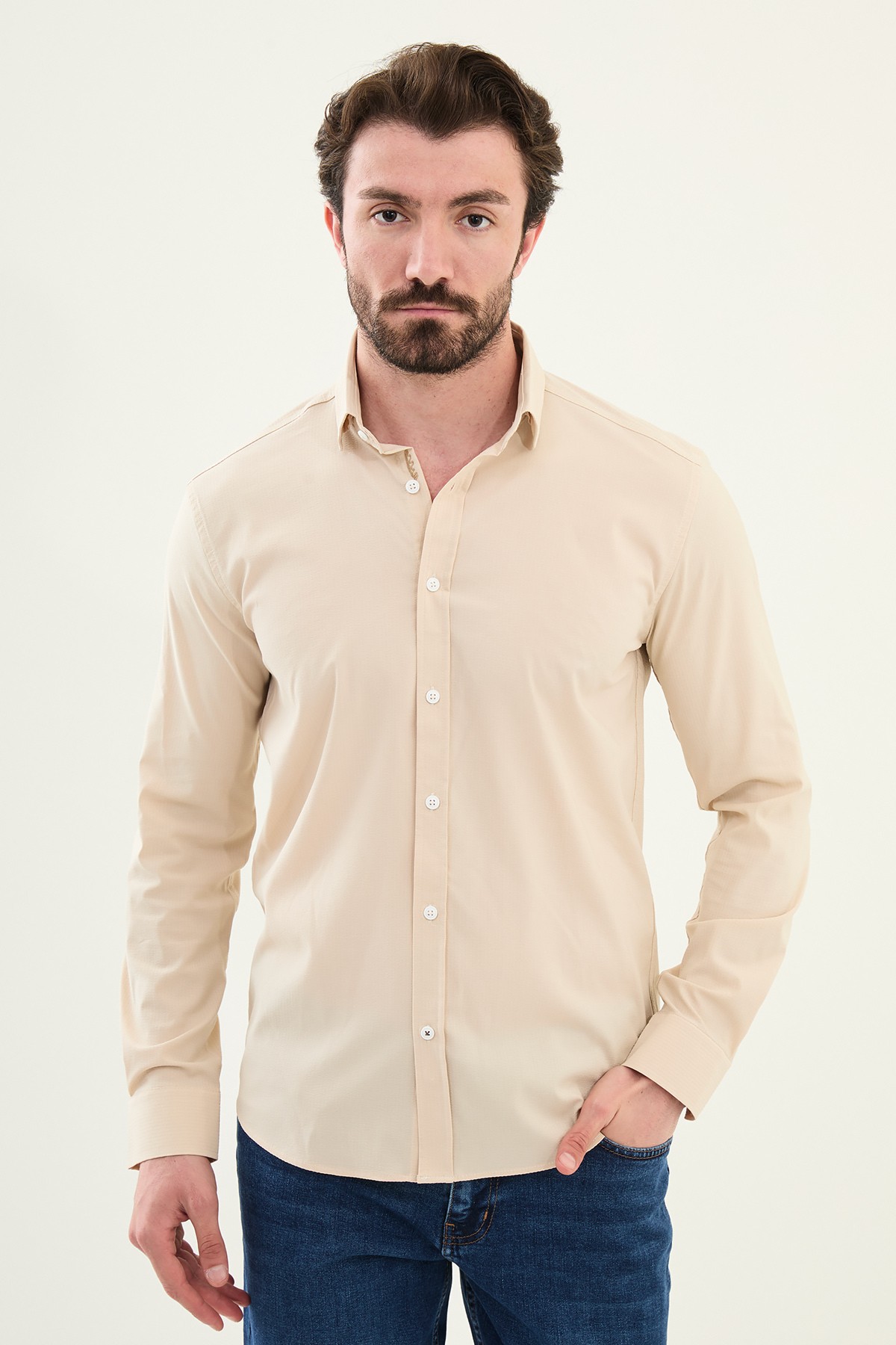 Gofreli Slim Fit Pamuk Erkek Gömlek - Bej