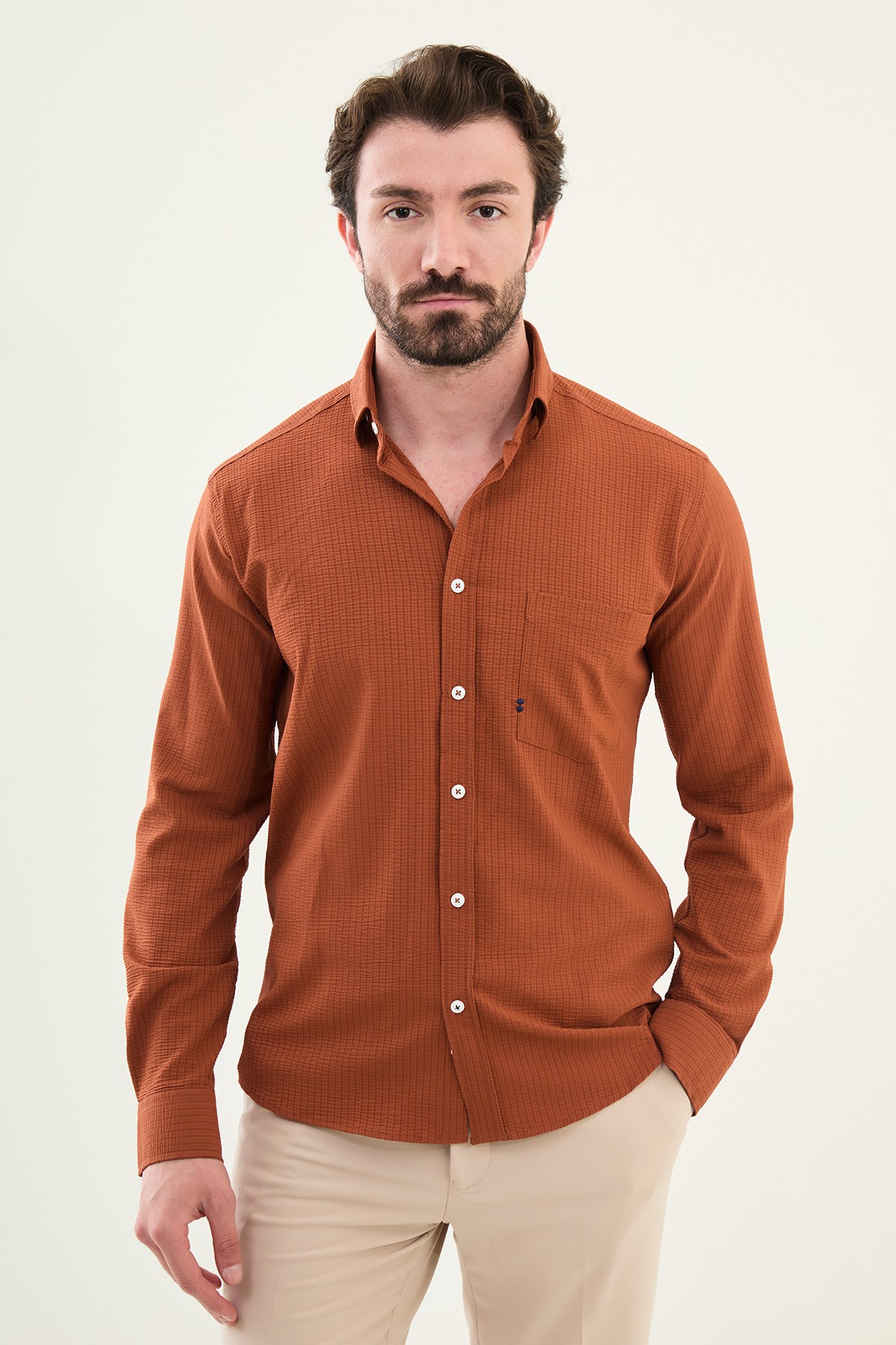 Gofreli Slim Fit Pamuk Erkek Gömlek - Kiremit