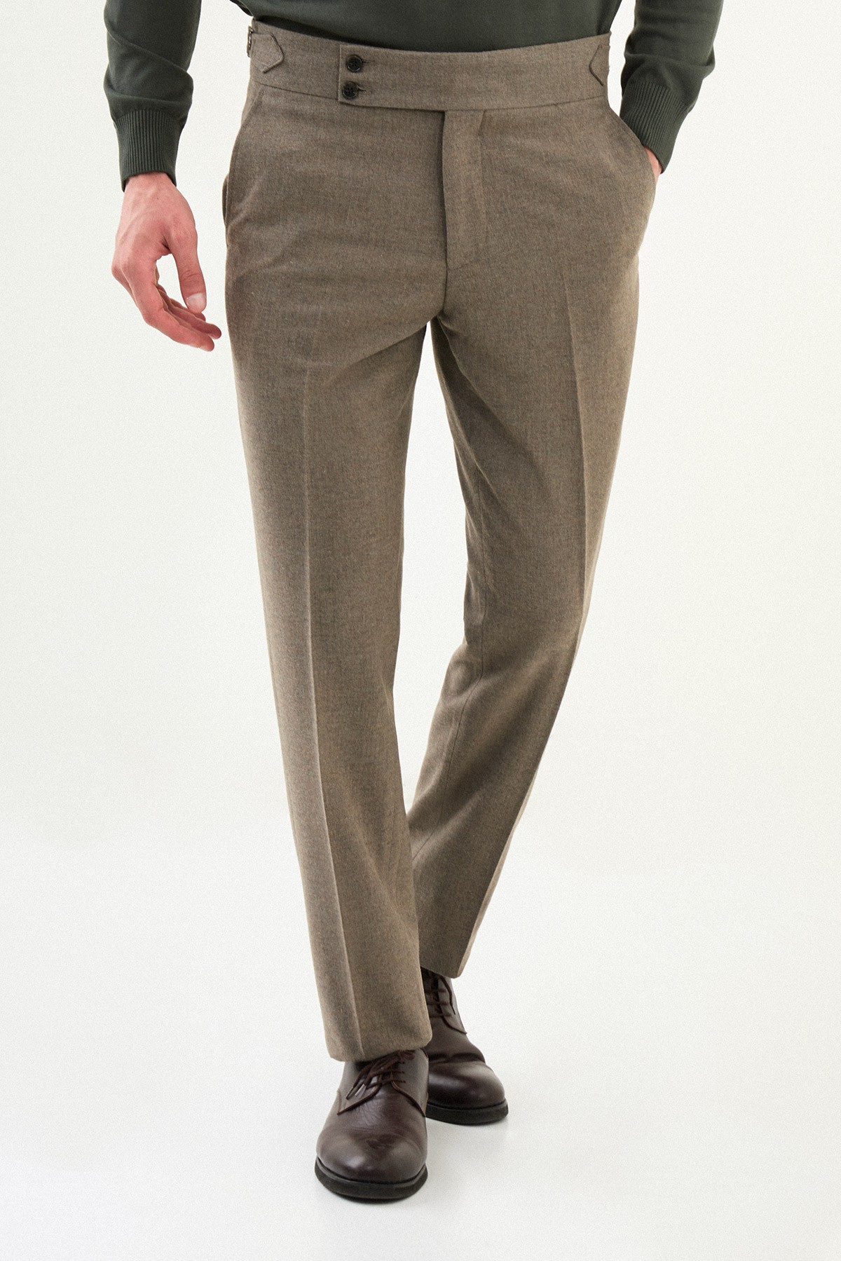 Dokulu Slim Fit Kemerli Yün Erkek Pantolon - Haki