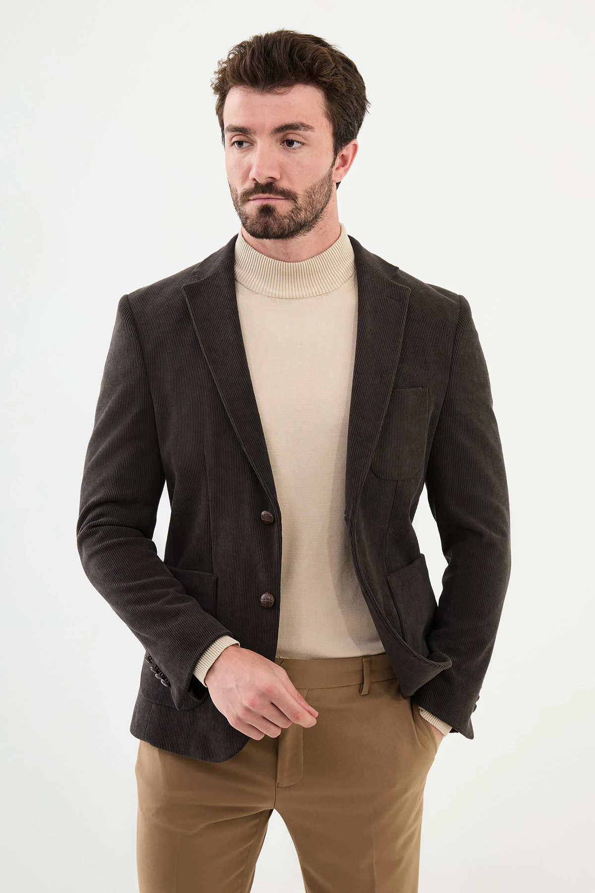 Çizgili Slim Fit Torba Cep Mono Yaka Kadife Erkek Ceket - Kahverengi