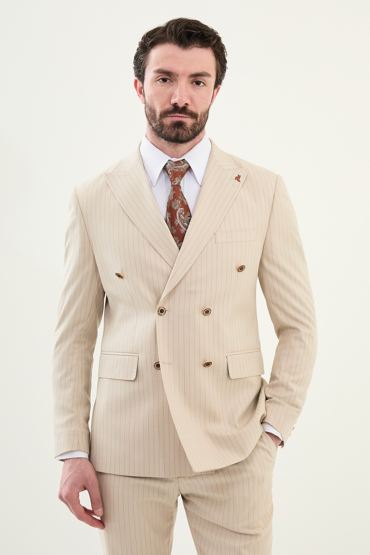 Çizgili Slim Fit Geniş Yaka Kruvaze Erkek Takım Elbise - Bej