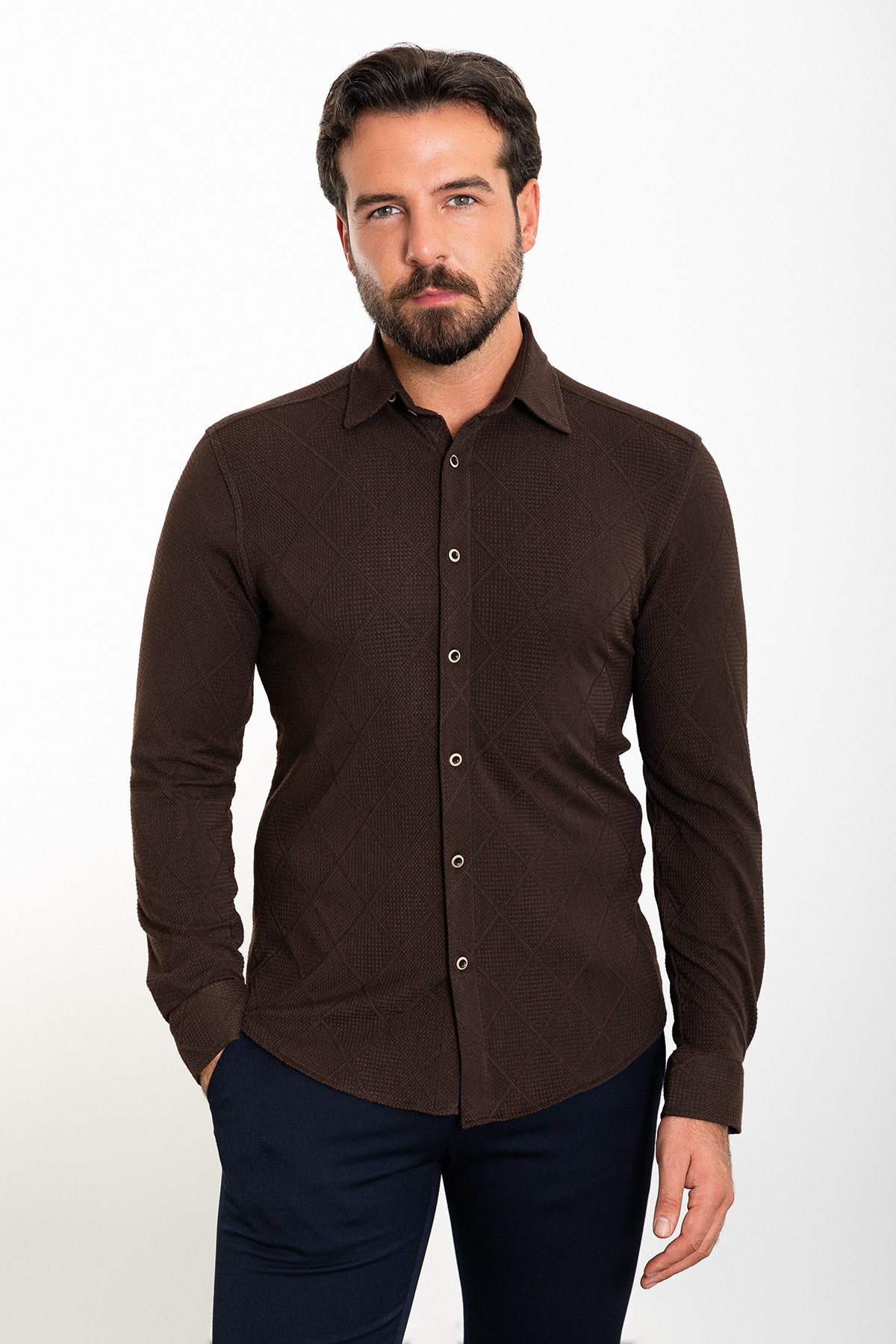 Desenli Slim Fit Erkek Gömlek - Kahverengi