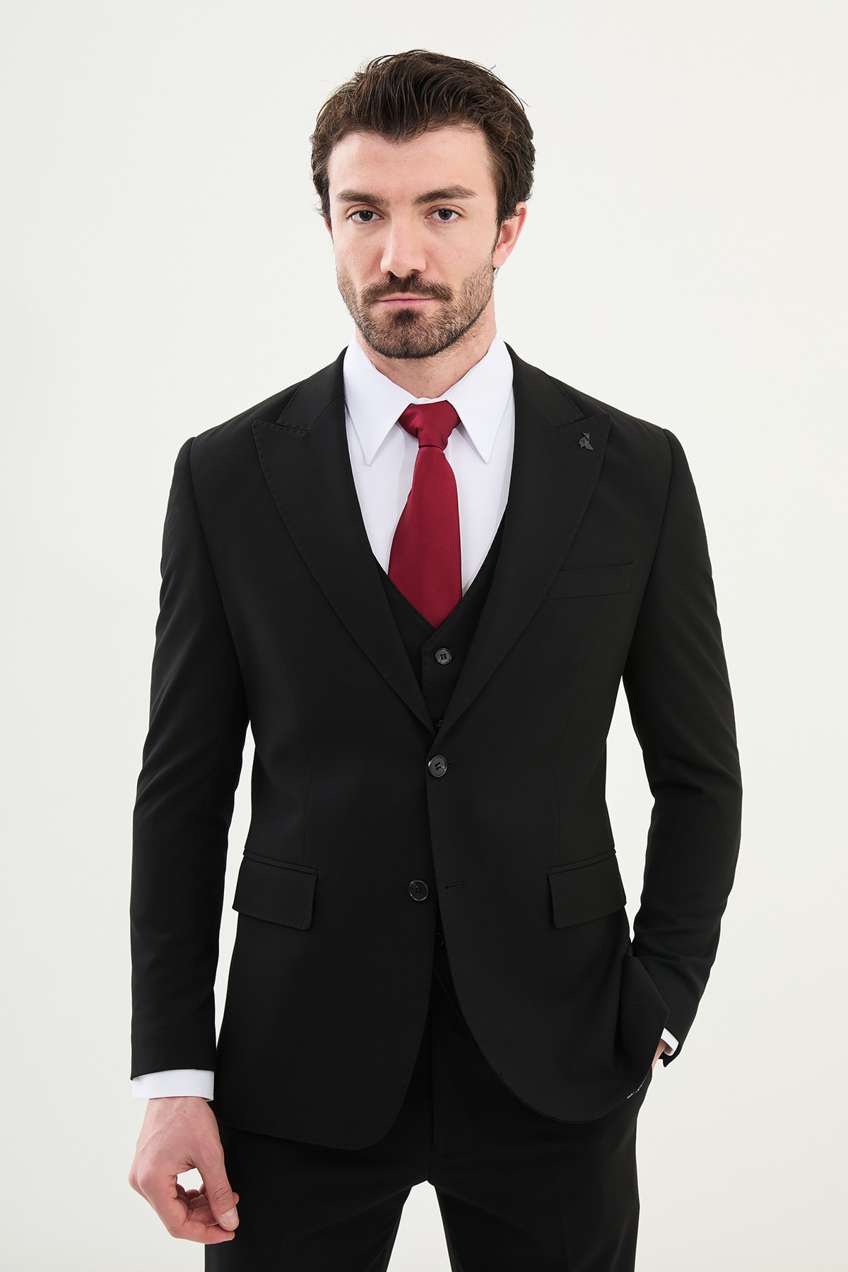 Düz Slim Fit Mono Yaka Klasik Erkek Takım Elbise - Siyah