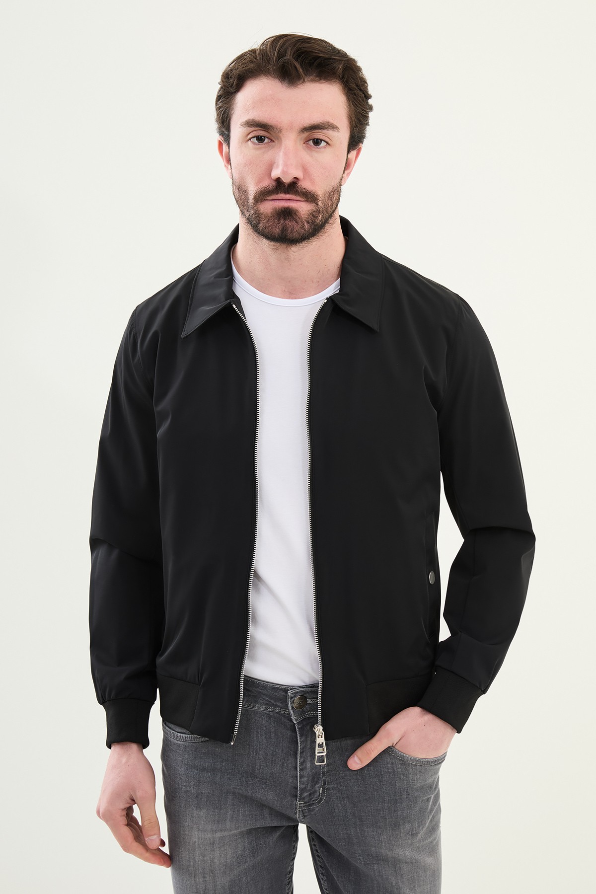 Düz Slim Fit Gömlek Yaka Çift Fermuar Erkek Mont