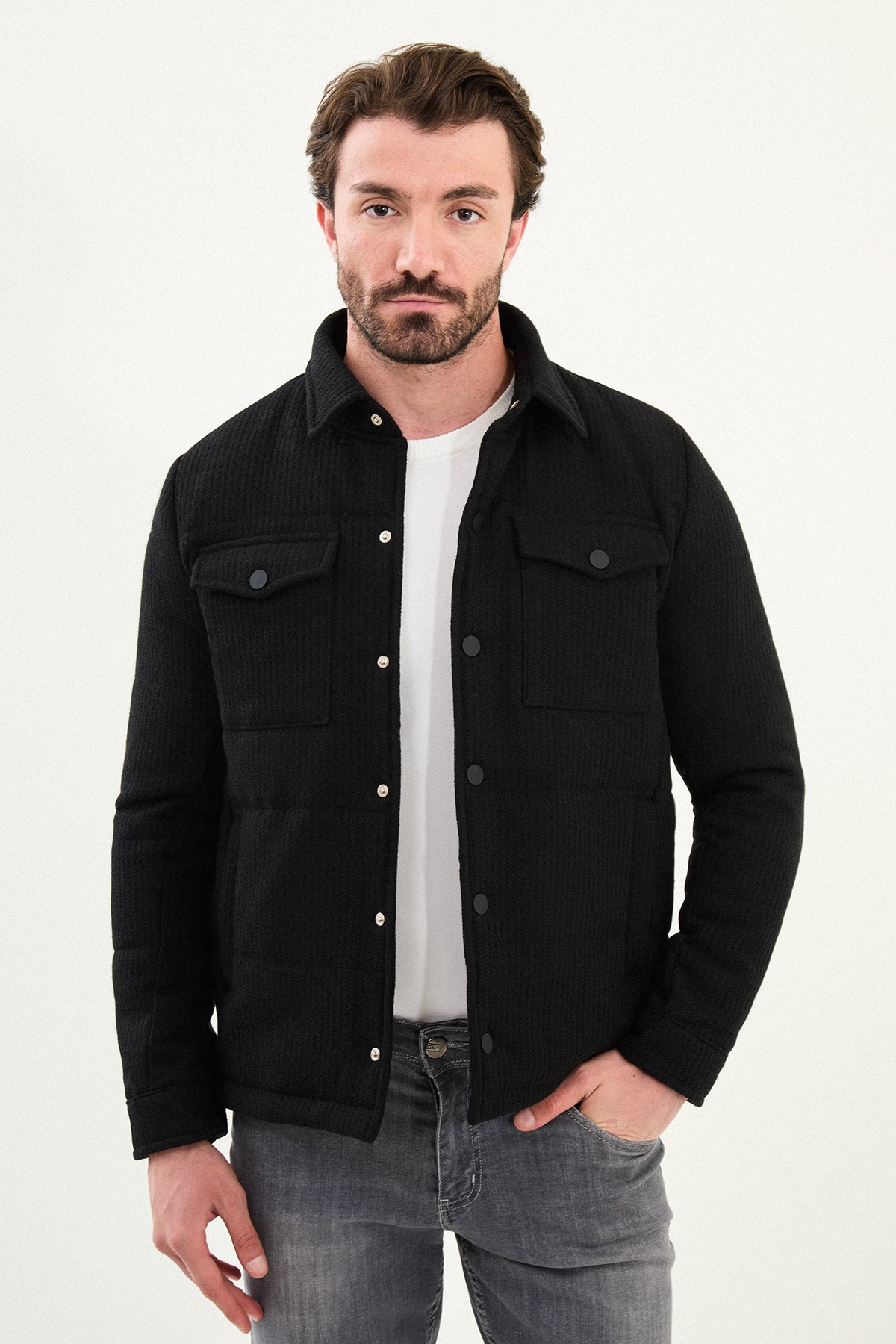 Çizgili Slim Fit Gömlek Yaka Çıtçıtlı Erkek Mont