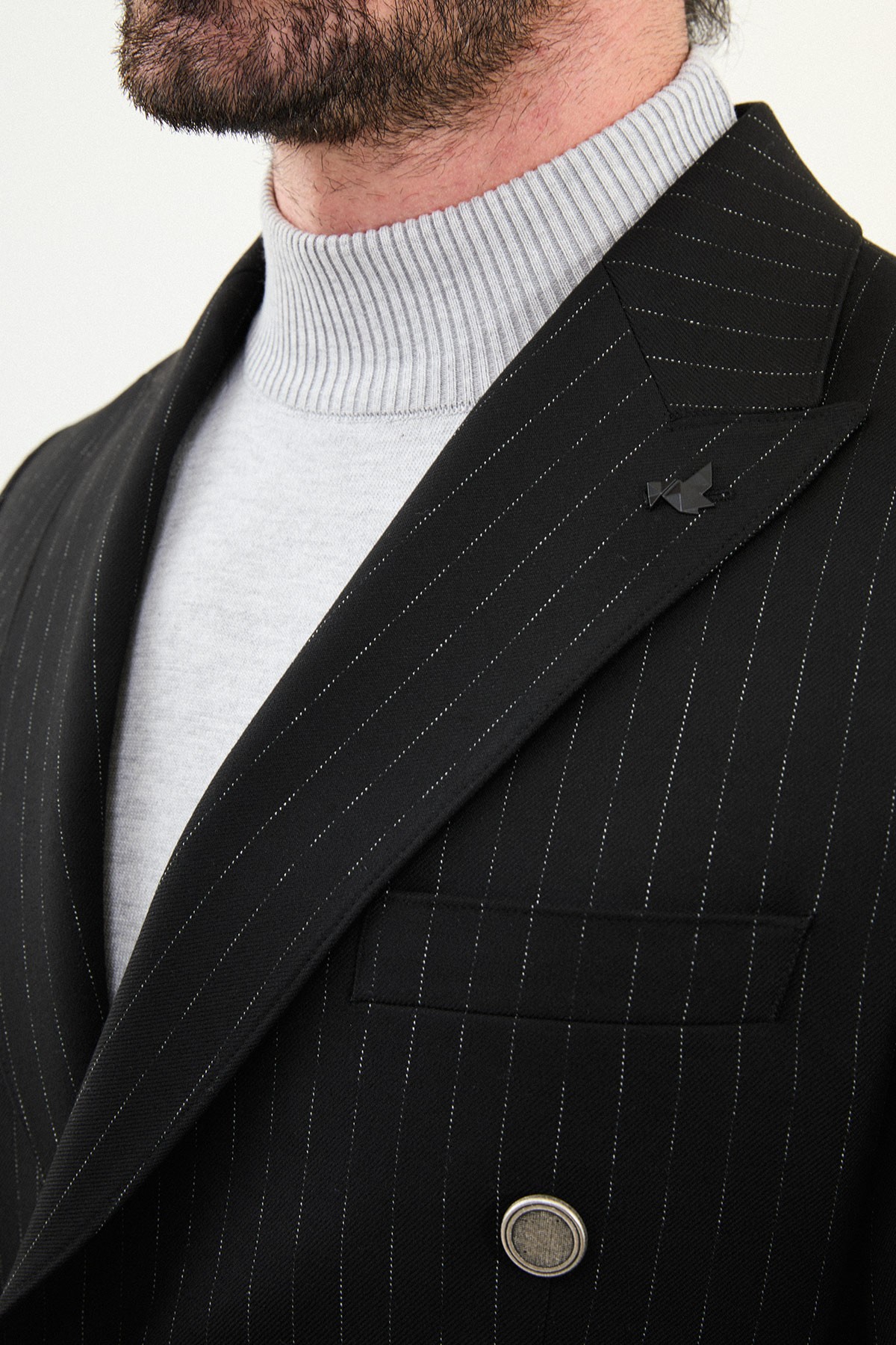 Çizgili Slim Fit Geniş Yaka Kruvaze Metal Düğmeli Erkek Takım Elbise