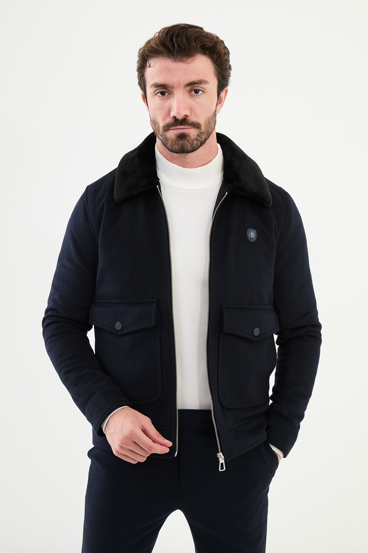 Desenli Slim Fit Torba Cep Kürklü Yaka Yün Erkek Mont - Lacivert