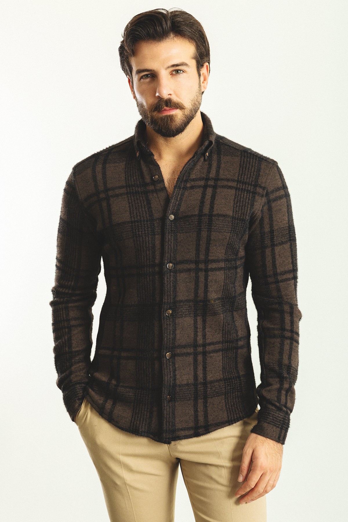 Ekoseli Slim Fit Yün Oduncu Erkek Gömlek - Siyah-Kahverengi