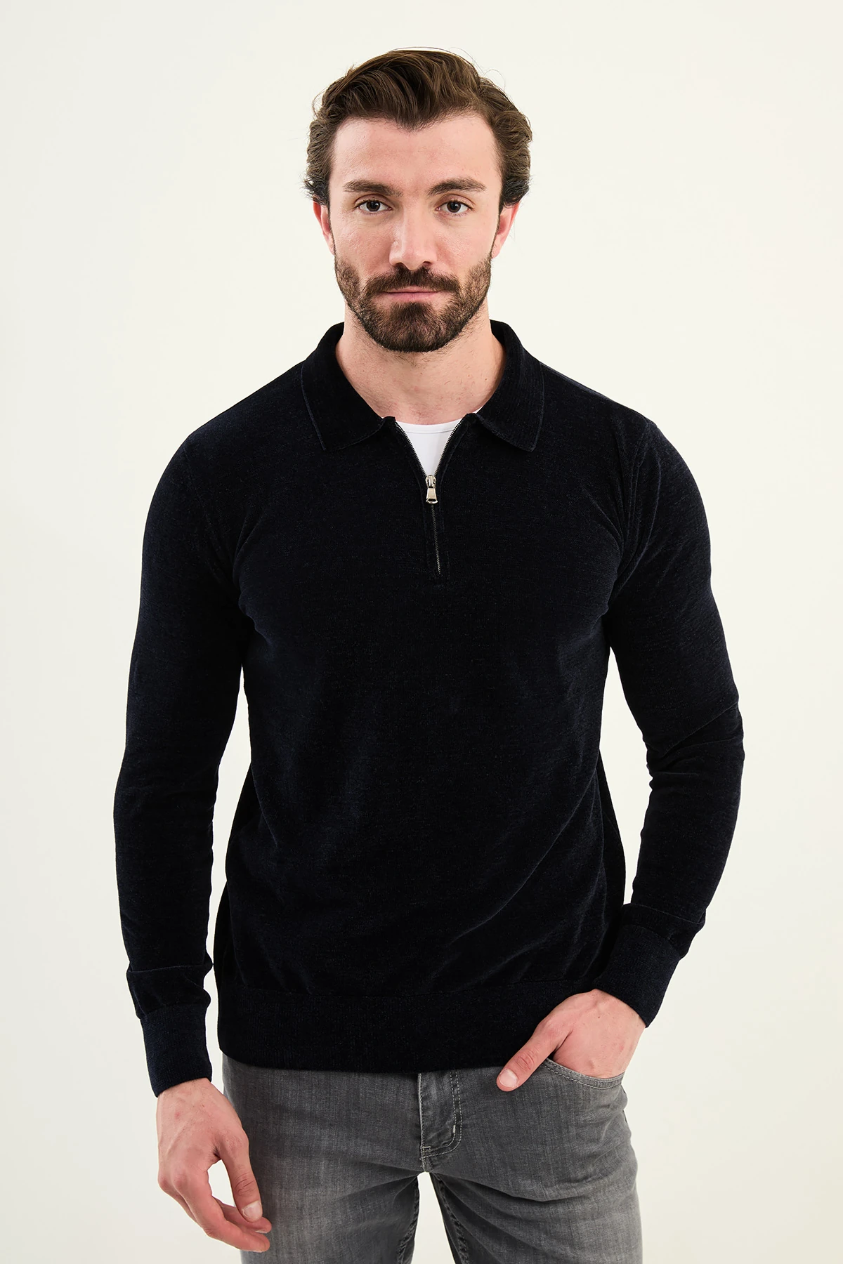 Düz Slim Fit Fermuarlı Polo Yaka Şönil Kumaş Erkek Triko - Lacivert