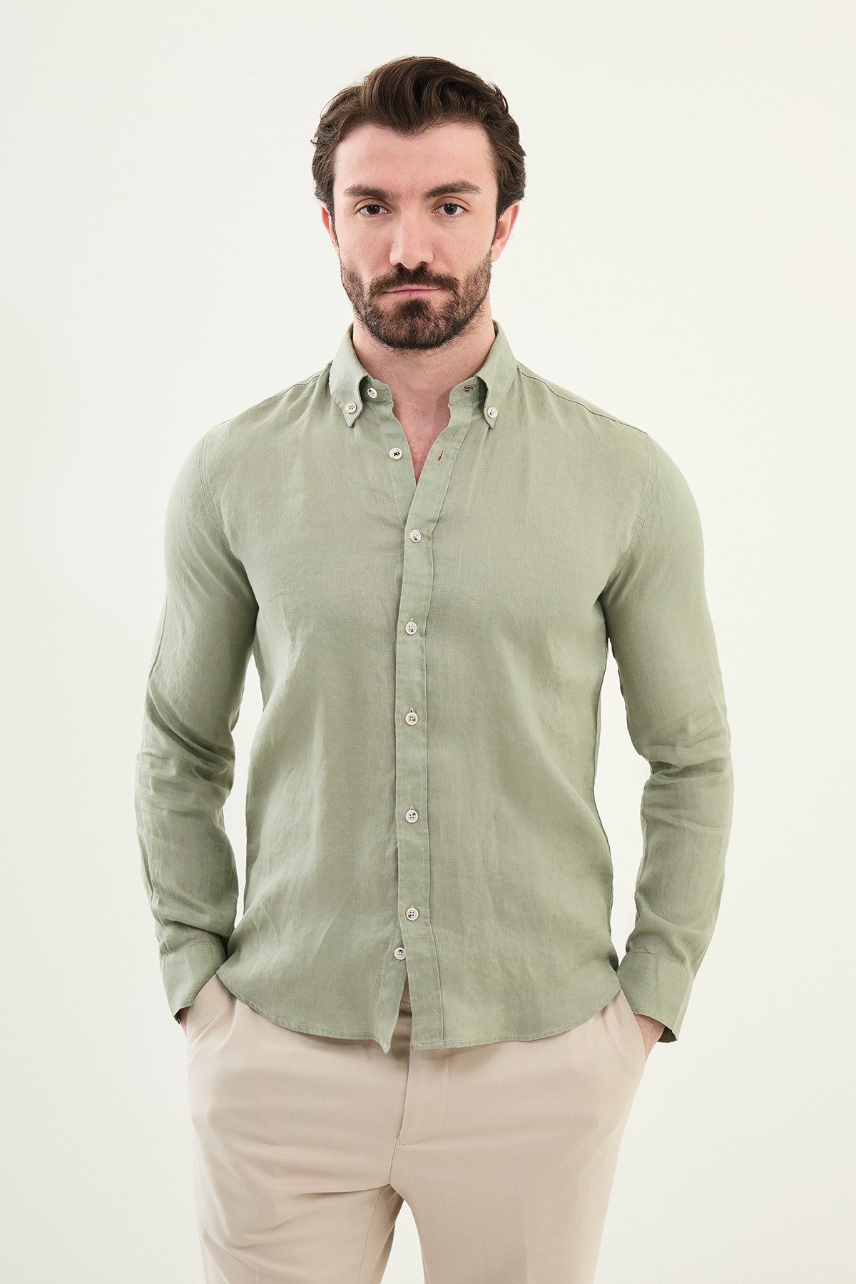 Düz Slim Fit %100 Keten Erkek Gömlek - Açık Yeşil