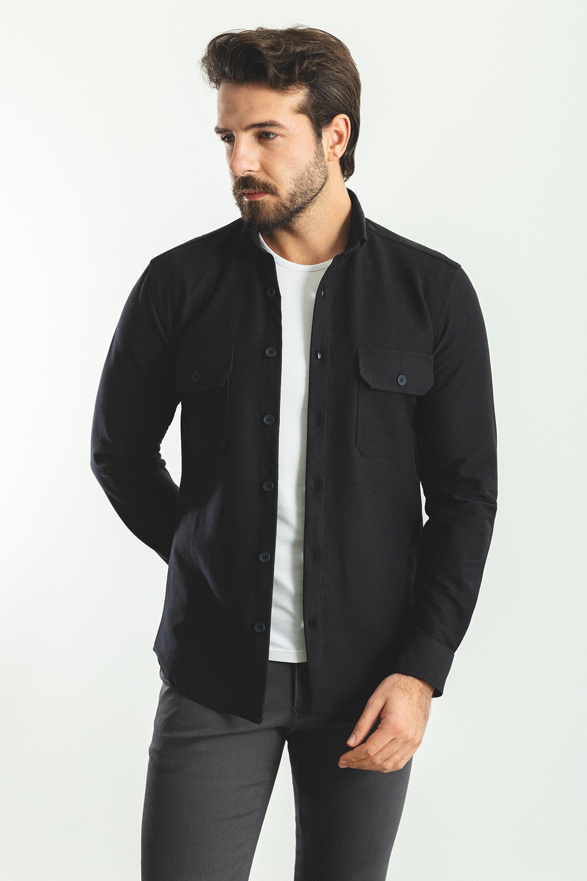 Düz Slim Fit Oduncu Erkek Gömlek - Siyah
