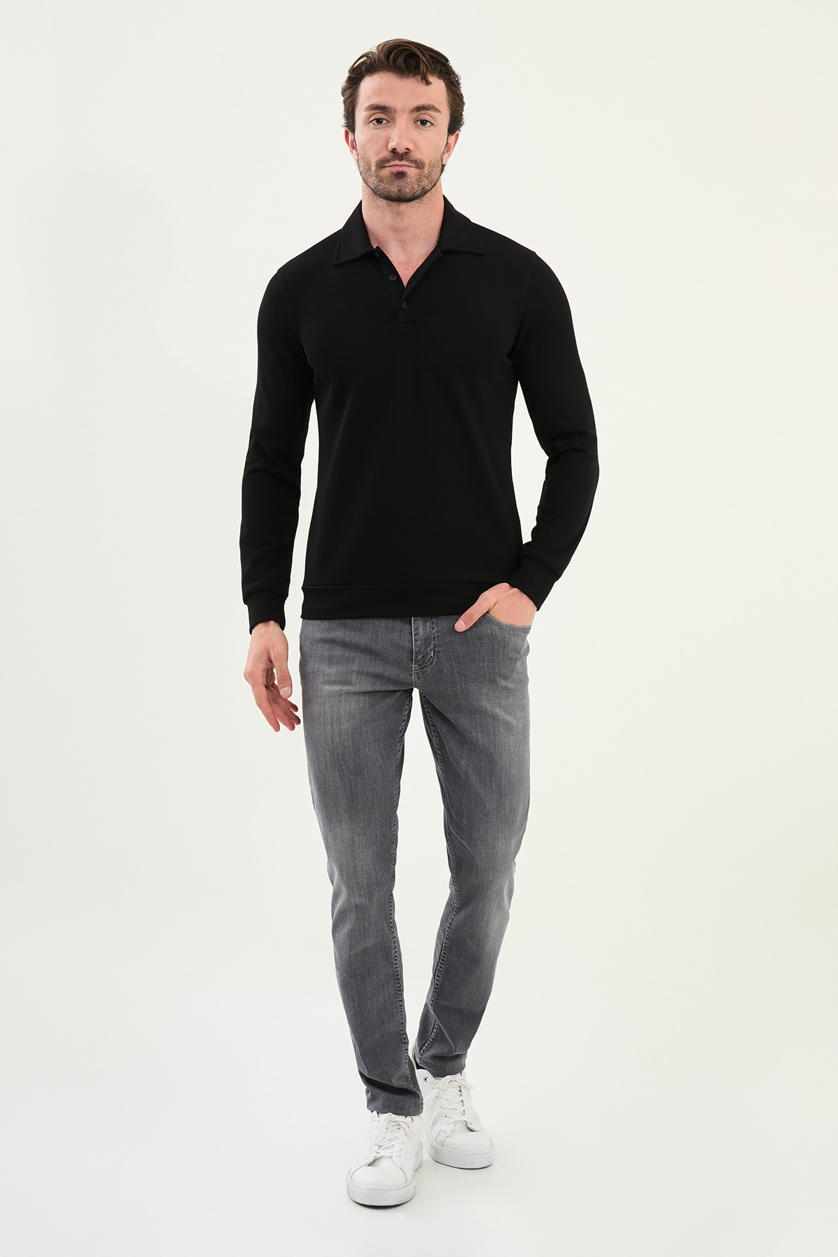 Çizgili Slim Fit Polo Yaka Uzun Kollu Pamuk Erkek T-Shirt