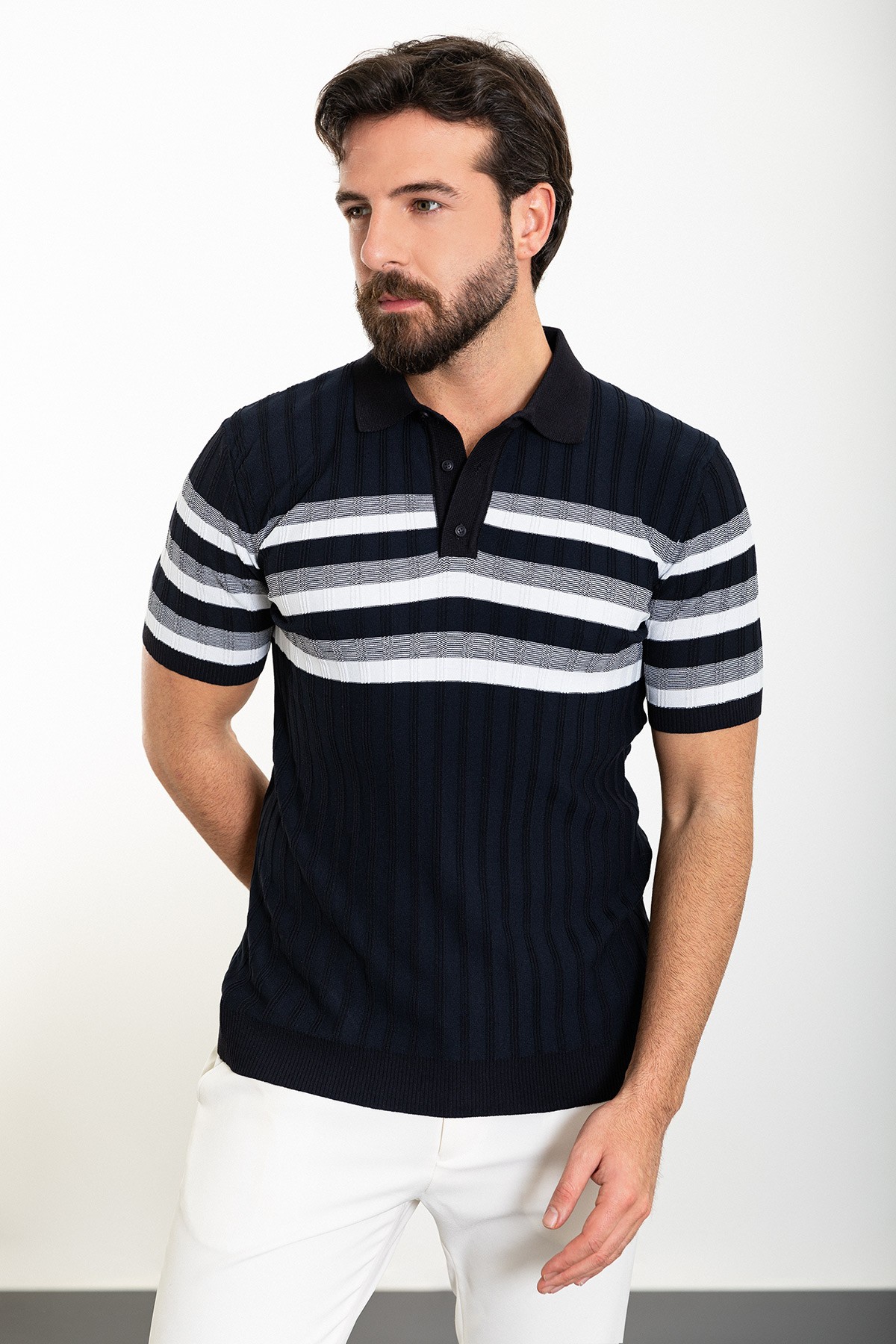 Çizgili Slim Fit Polo Yaka Erkek Triko T-Shirt