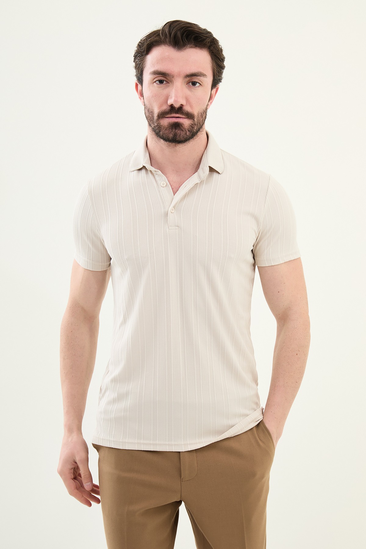 Çizgili Slim Fit Polo Yaka Erkek T-Shirt - Bej