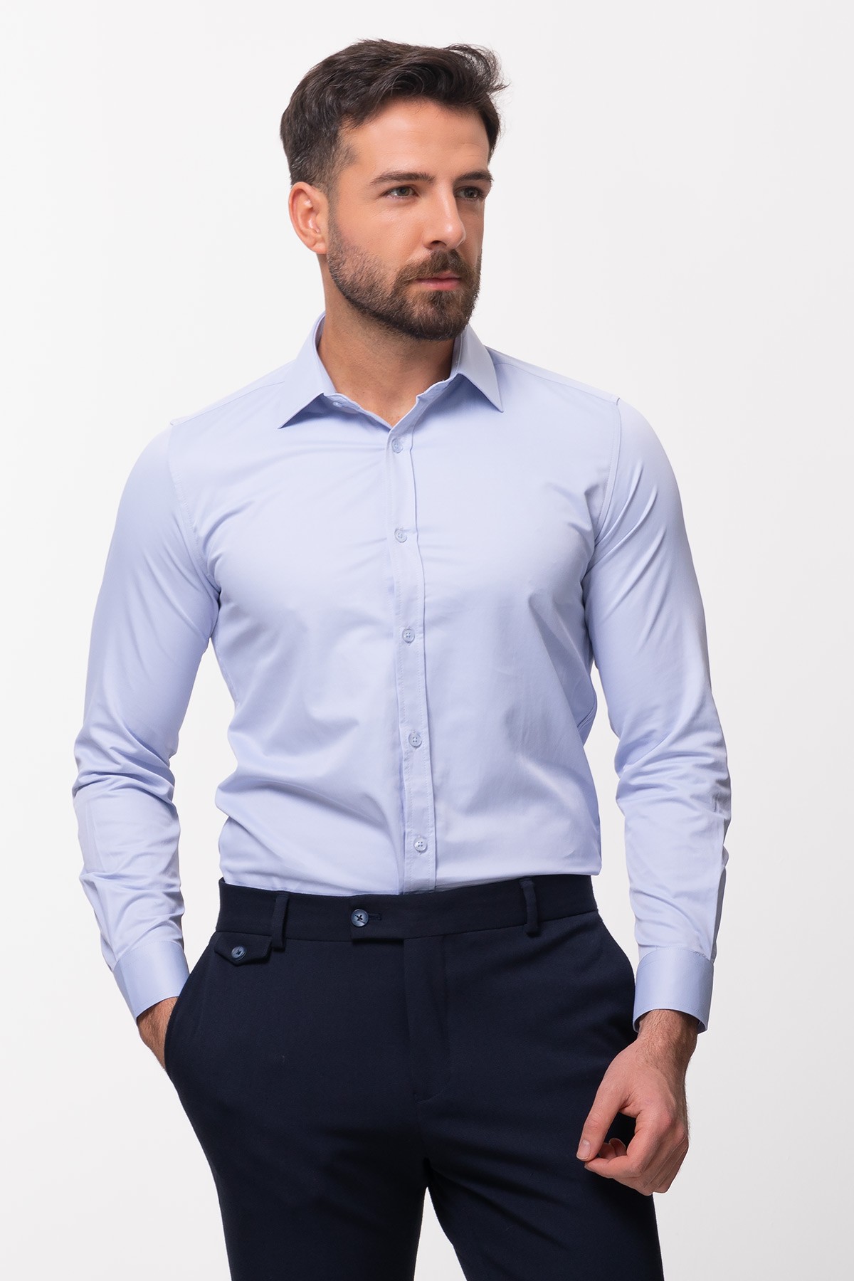 Düz Slim Fit Saten Klasik Erkek Gömlek - Mavi