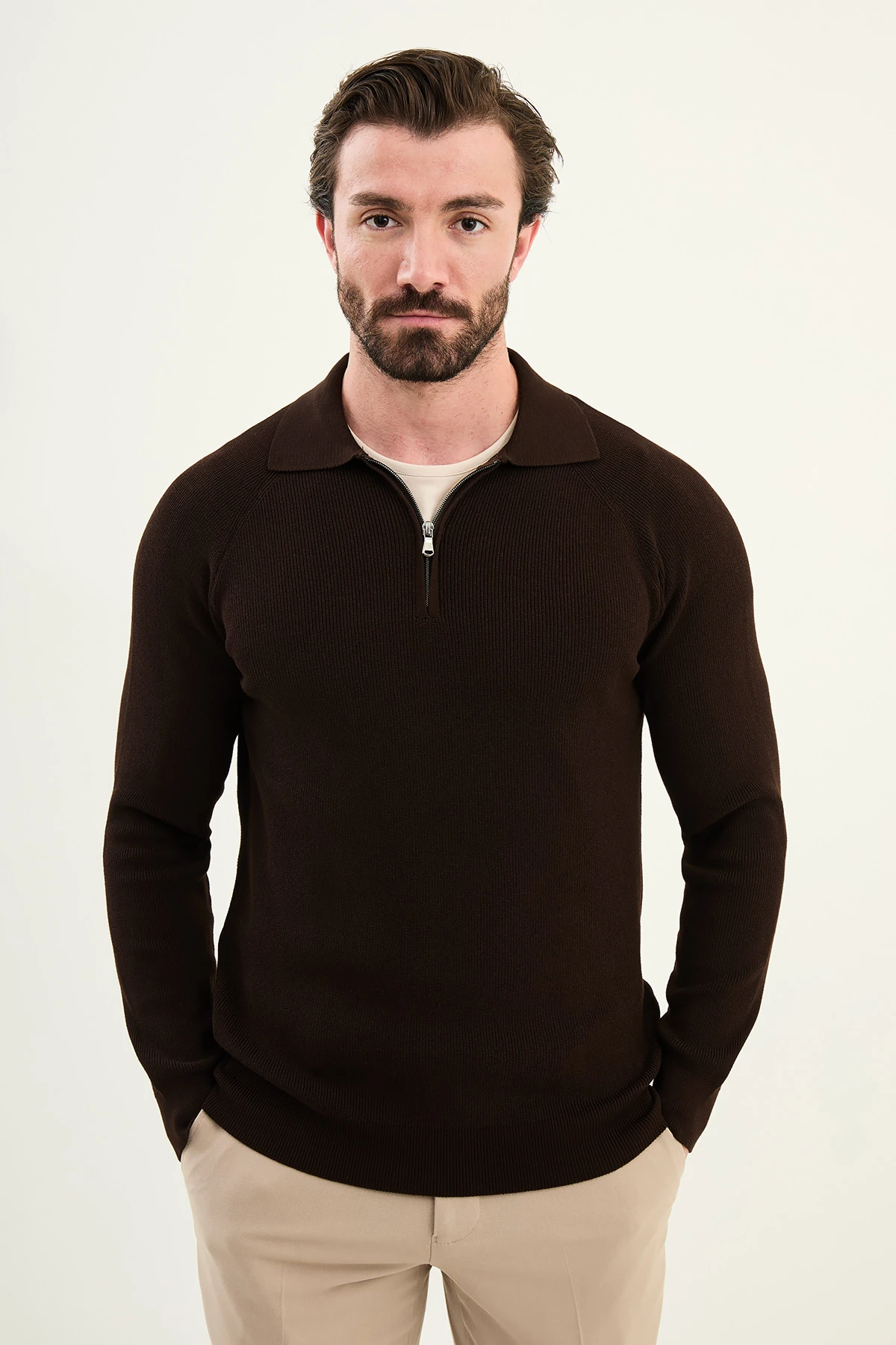 Dokulu Slim Fit Fermuarlı Polo Yaka Erkek Triko Kazak - Kahverengi