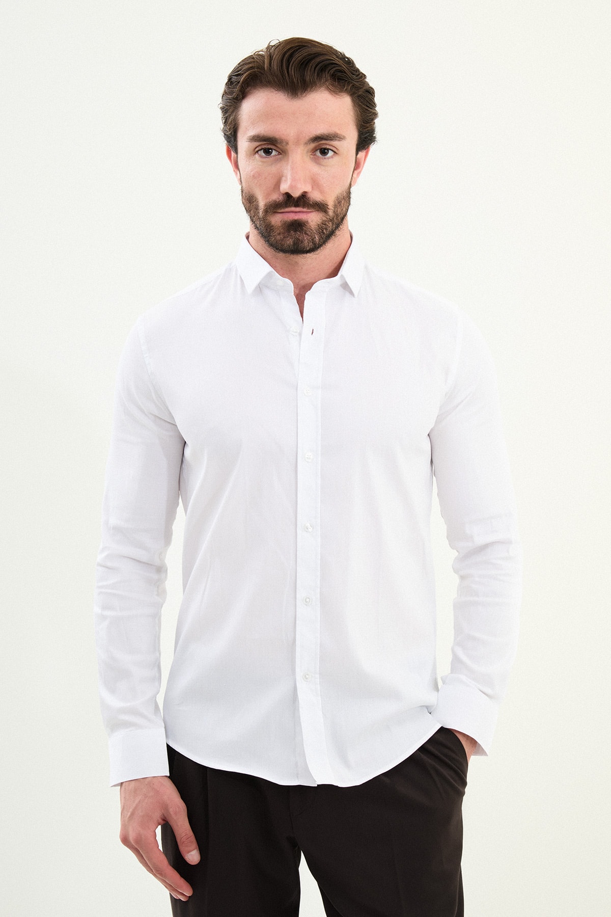Desenli Slim Fit Uzun Kollu Erkek Gömlek - Beyaz