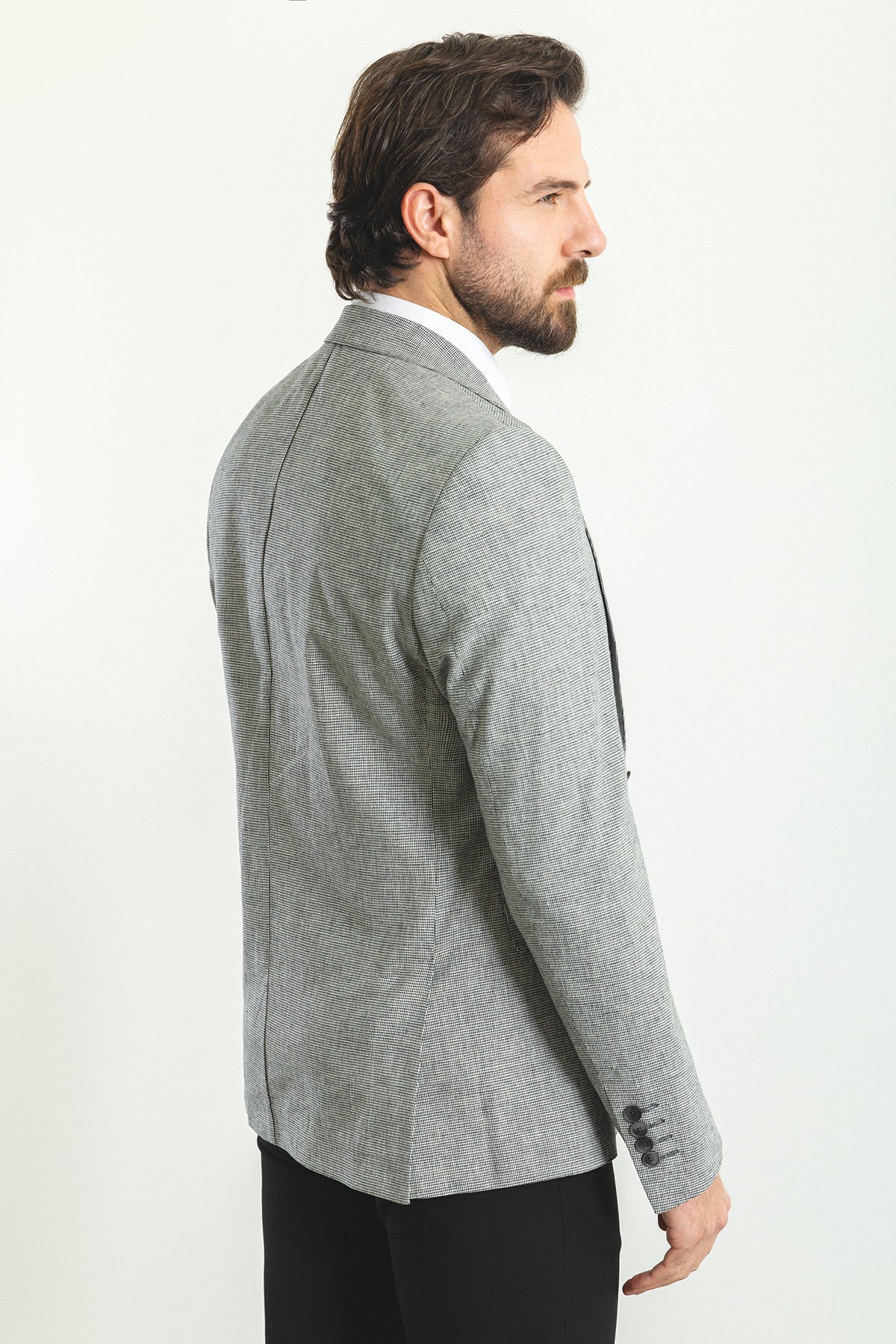 Kareli Slim Fit Mono Yaka Keten Erkek Ceket