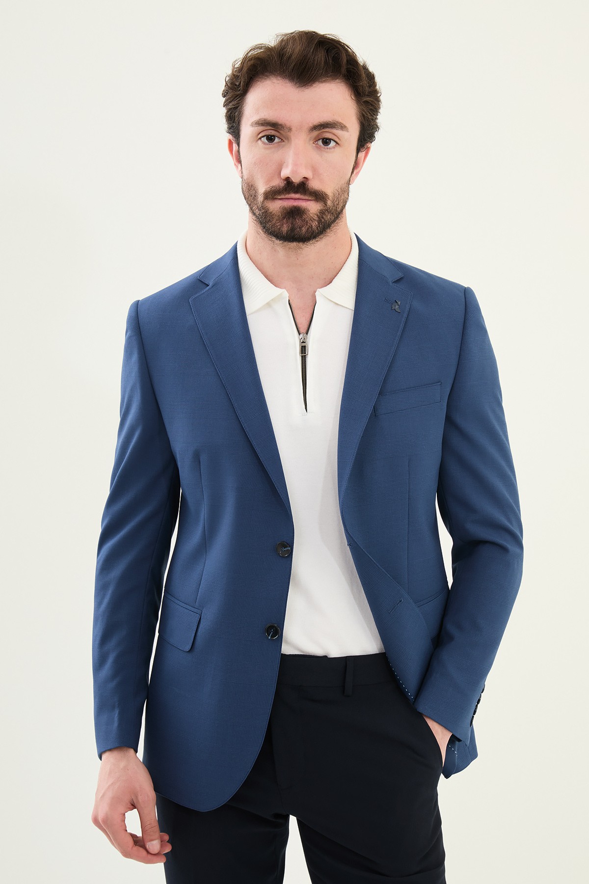 Ekoseli Slim Fit Mono Yaka Erkek Ceket - Lacivert
