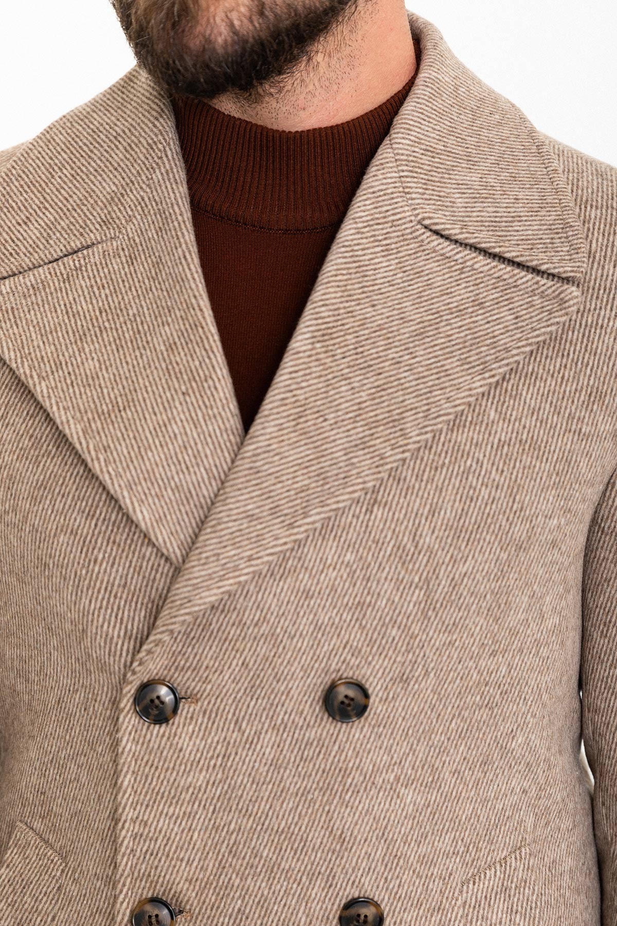 Çizgi Desenli Slim Fit Geniş Yaka Kruvaze Kaşe Erkek Kaban