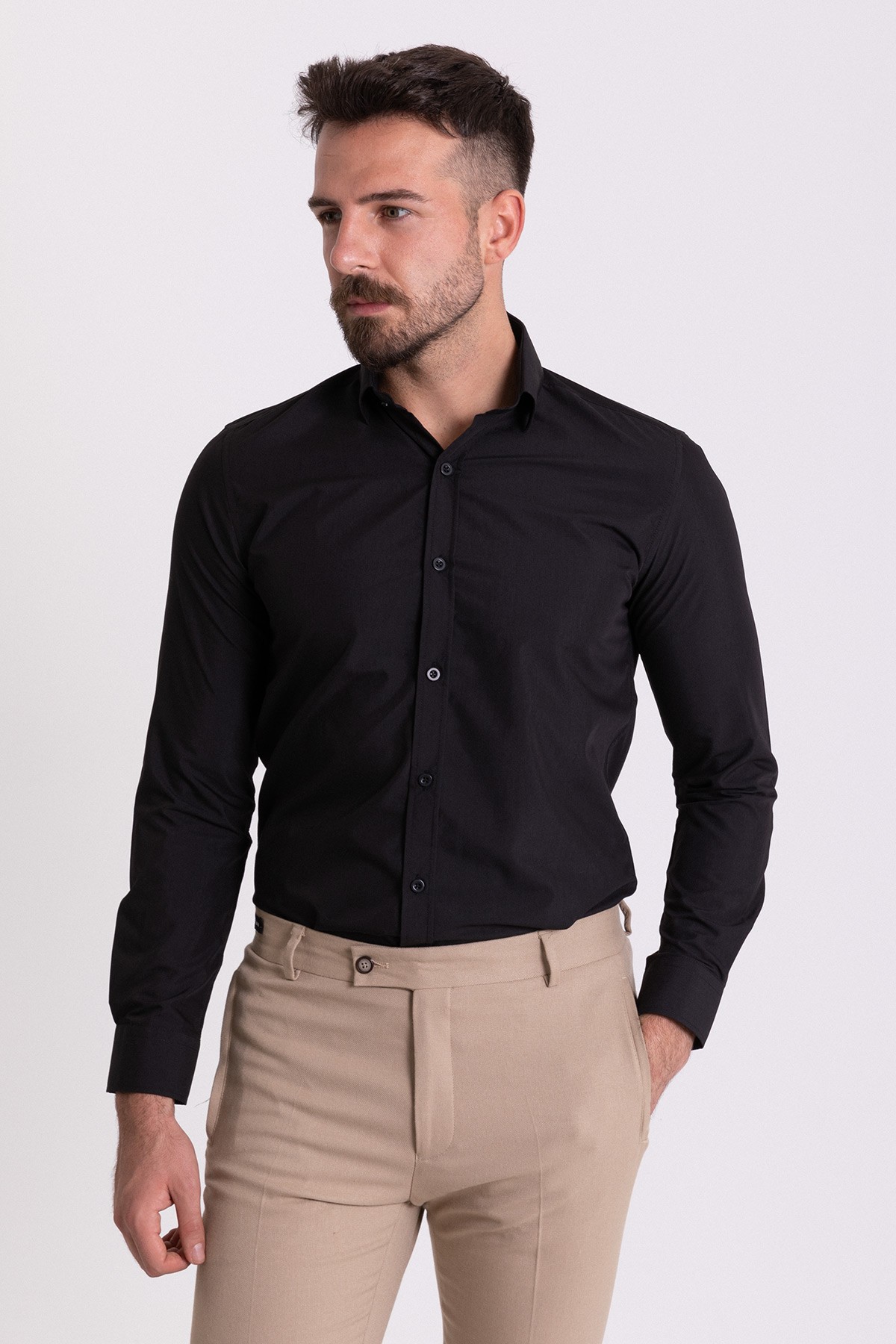 Düz Slim Fit Gizli Düğmeli Klasik Erkek Gömlek - Siyah