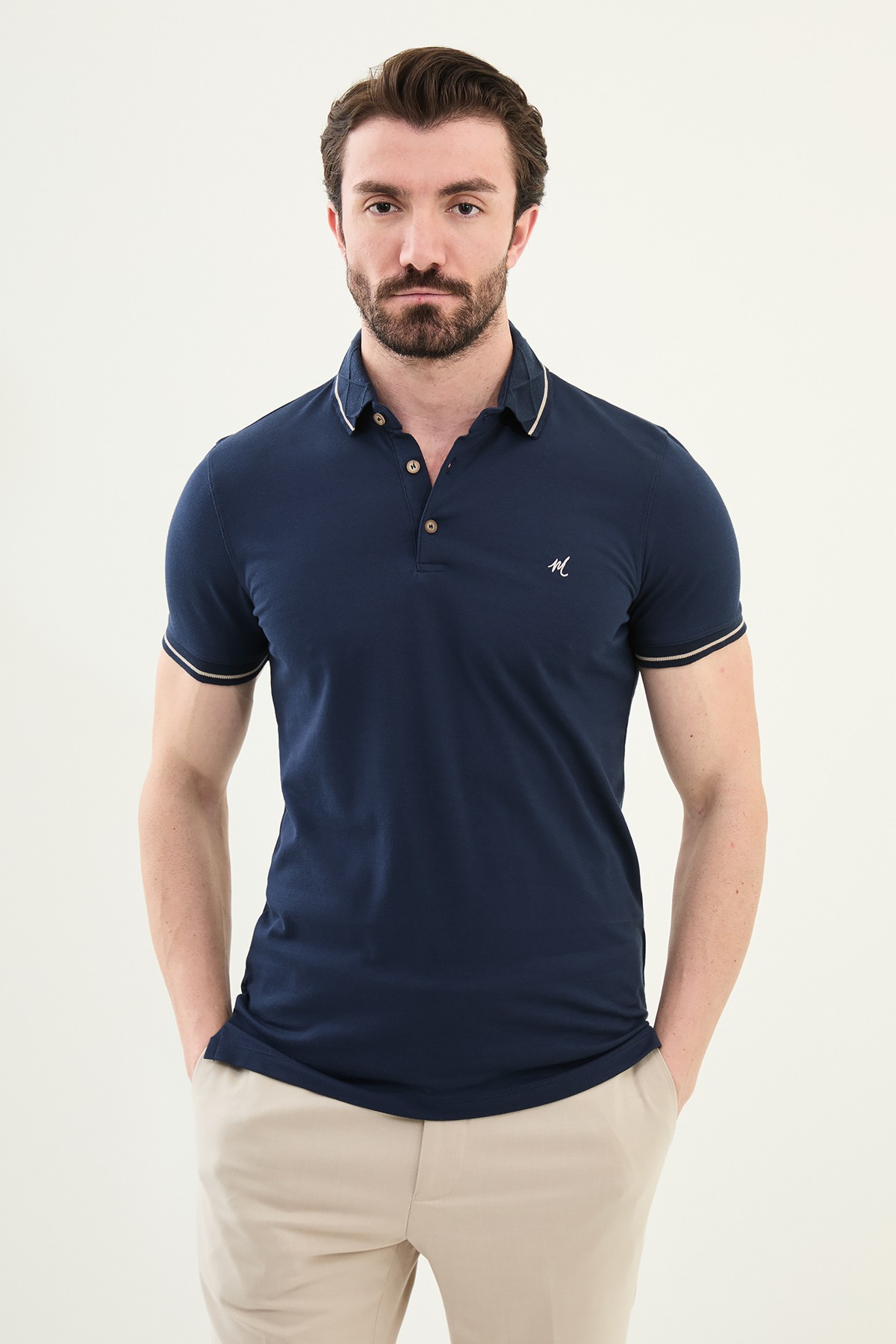 Düz Slim Fit Polo Yaka Pamuk Erkek T-Shirt - Lacivert