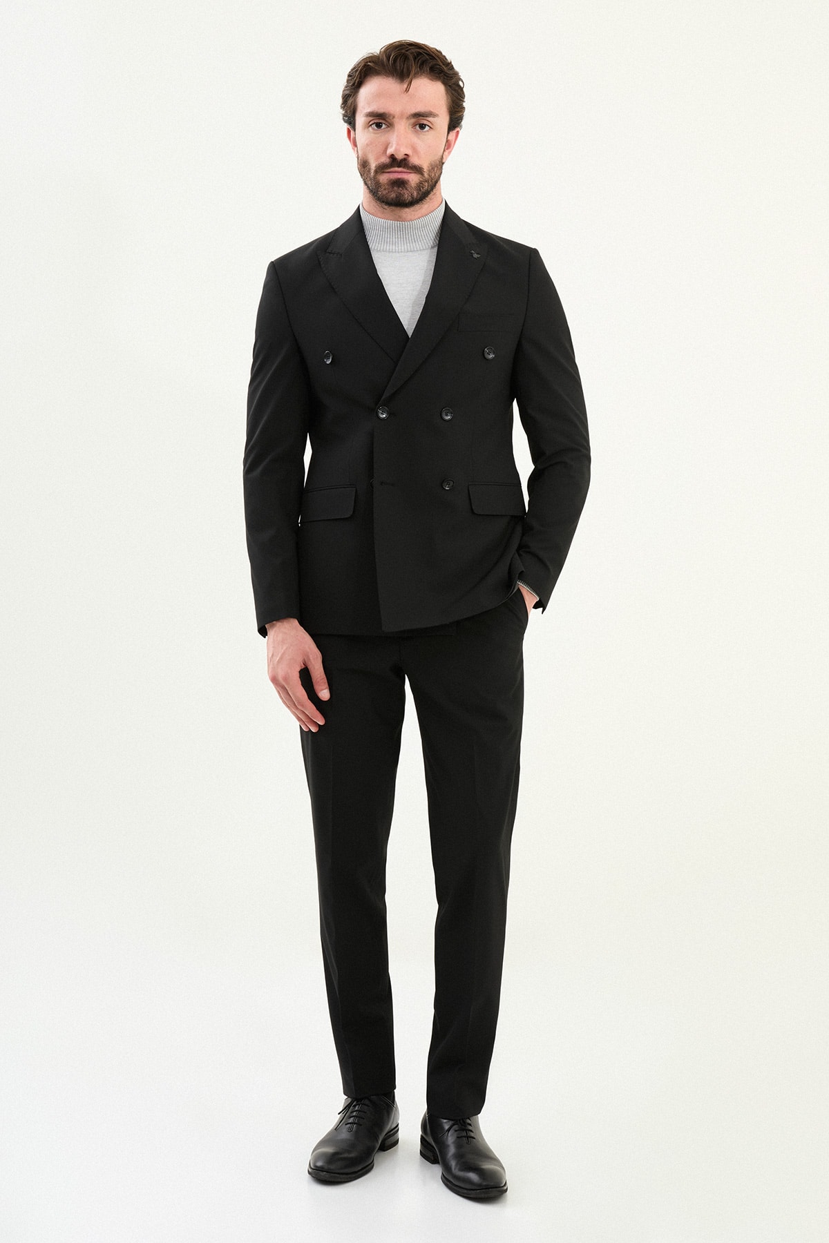 Düz Slim Fit Geniş Yaka Kruvaze Erkek Takım Elbise