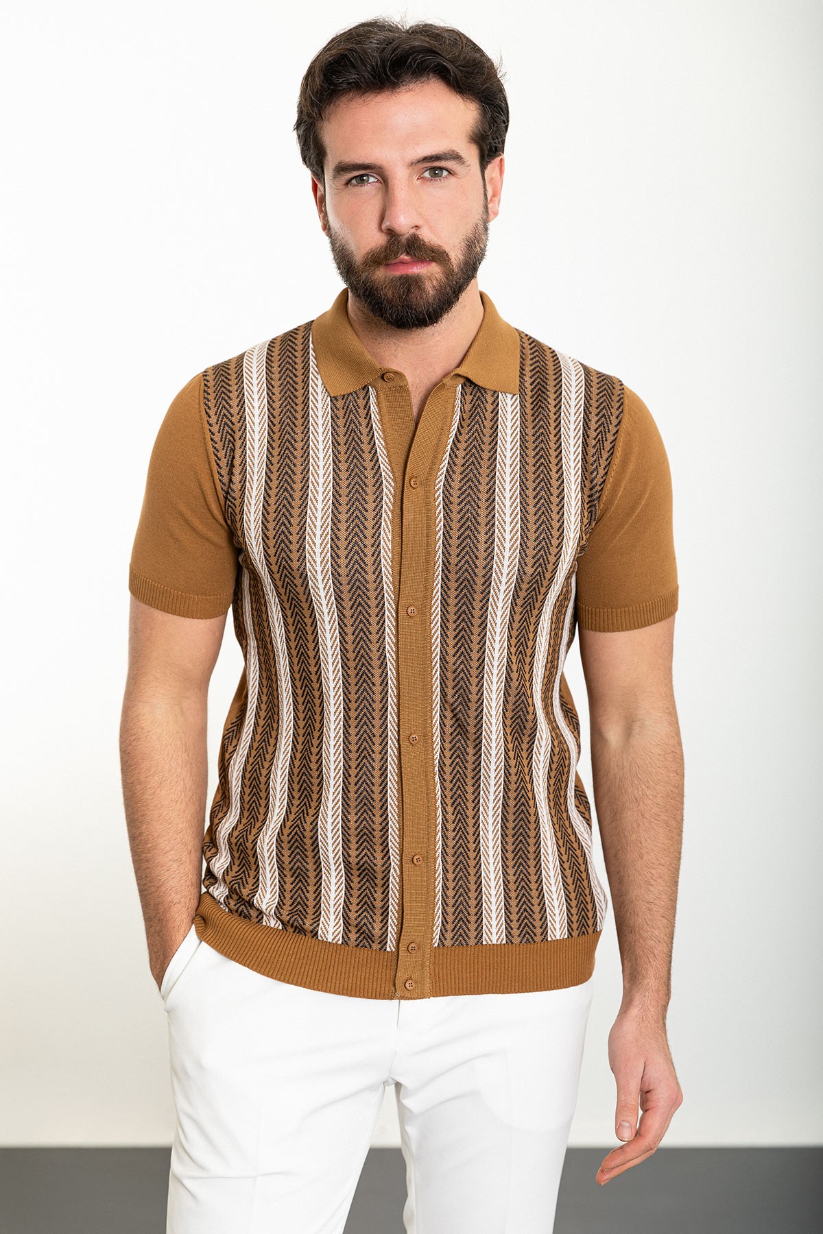 Desenli Slim Fit Polo Yaka Erkek Triko Gömlek
